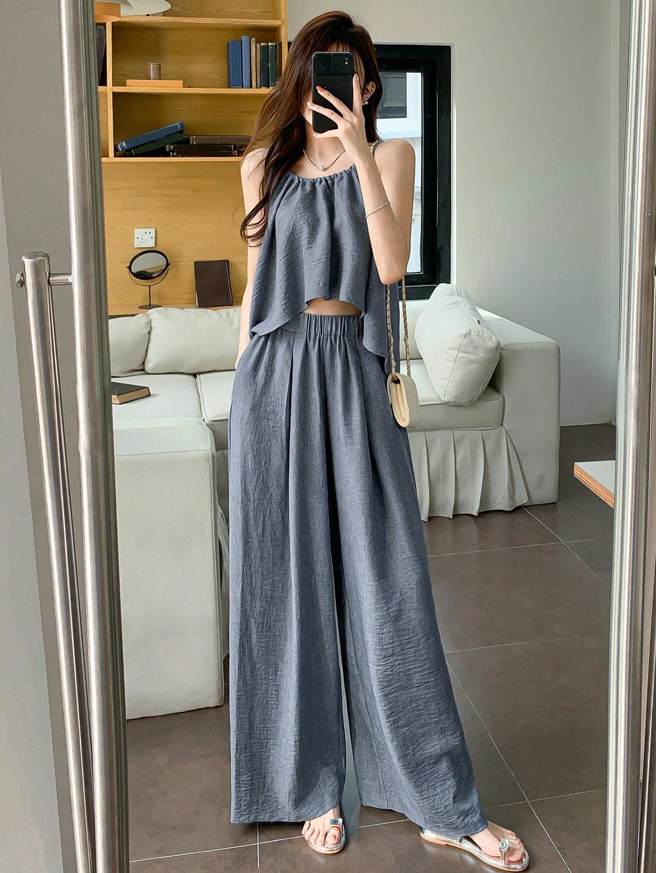 Women Summer Solid Color Asymmetrical Hem Camisole Top And Casual Pants Set