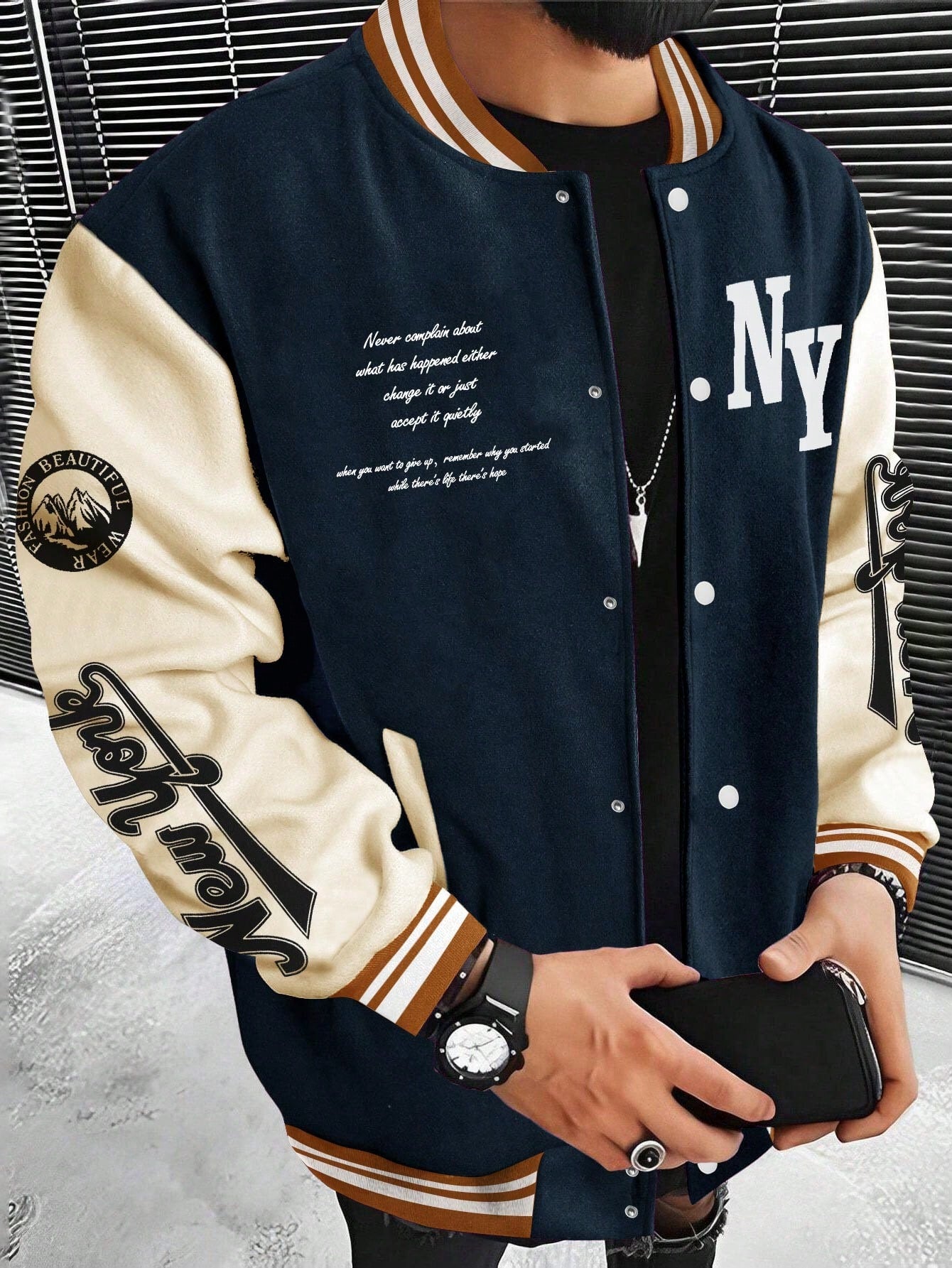 X Virginia & ZeFelipe Men Slogan Graphic Two Tone Varsity Jacket