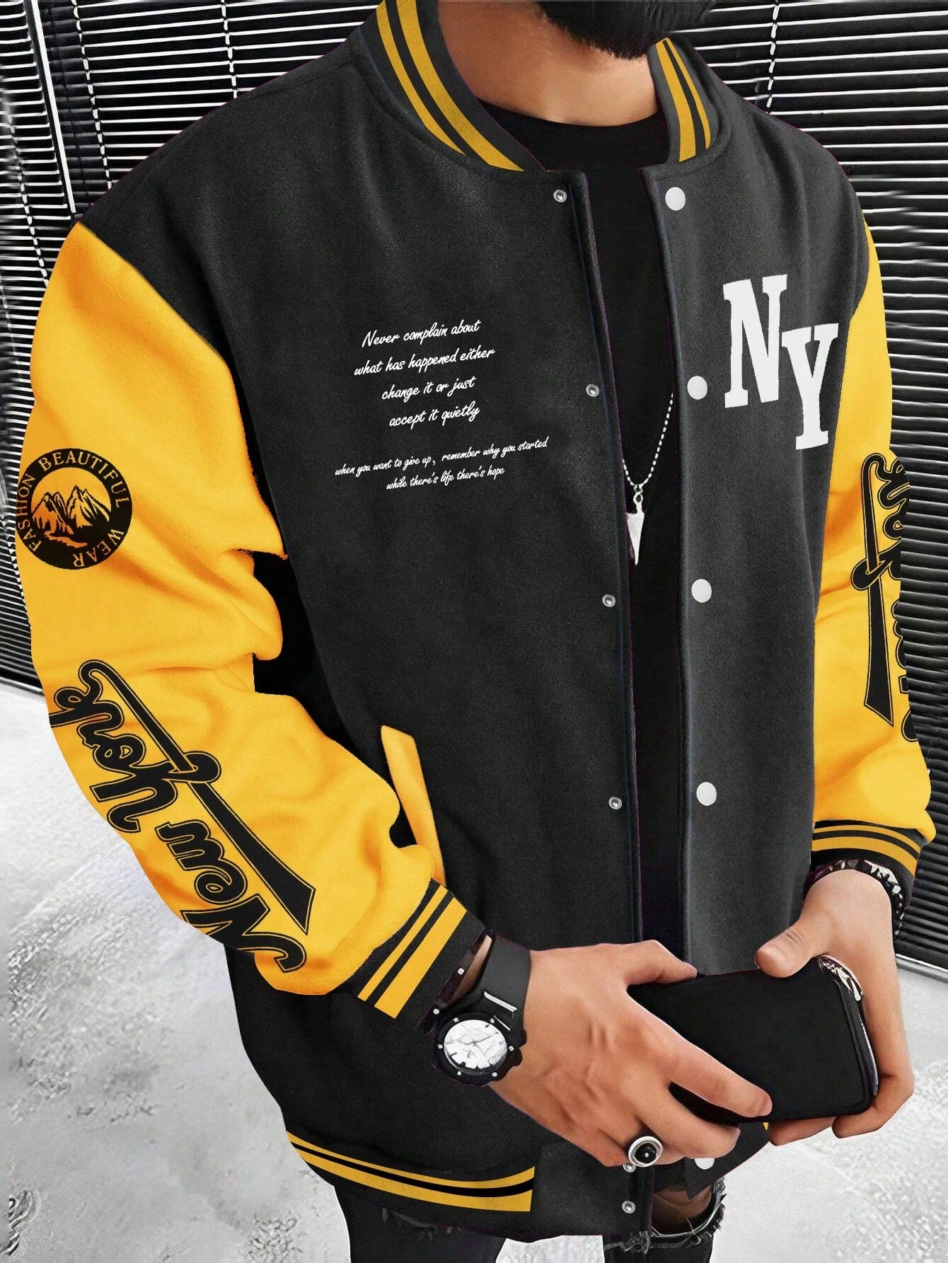 X Virginia & ZeFelipe Men Slogan Graphic Two Tone Varsity Jacket