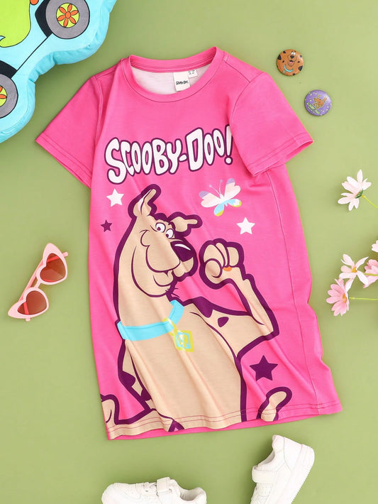 SCOOBY-DOO X Young Girl Cartoon Cute Dog & Butterfly Printed Pink Round Neck Nightgown