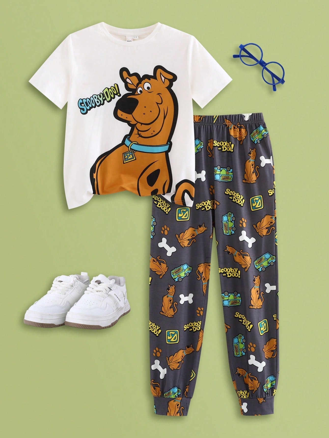 SCOOBY-DOO X Tween Boys' Cartoon Dog Print Round Neck T-Shirt And Full Allover Print Long Pants Pajama Set