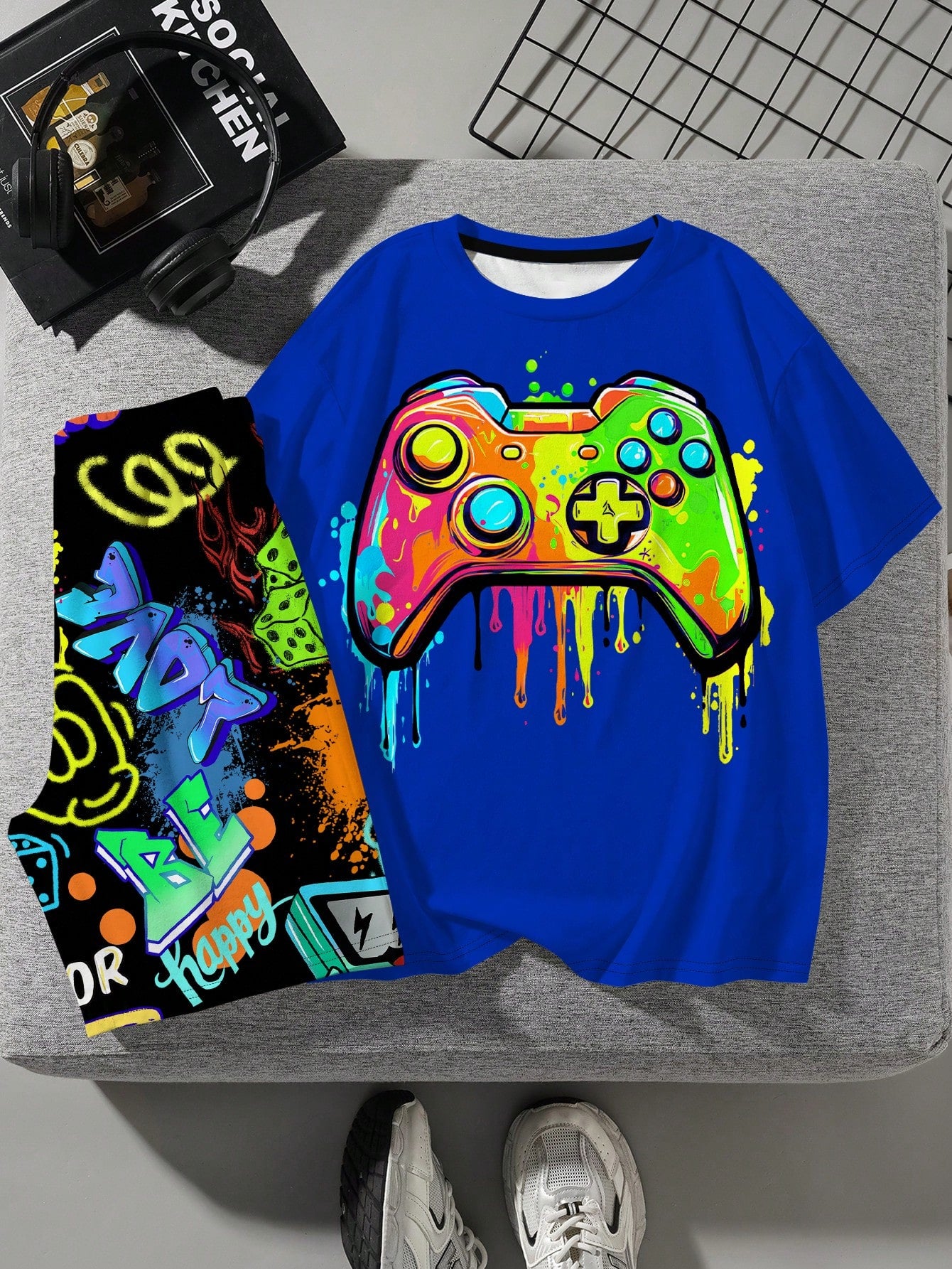 Tween Boy Casual And Simple Gaming Console Patterned Short Sleeve T-Shirt And Shorts Set, Suitable For Summer