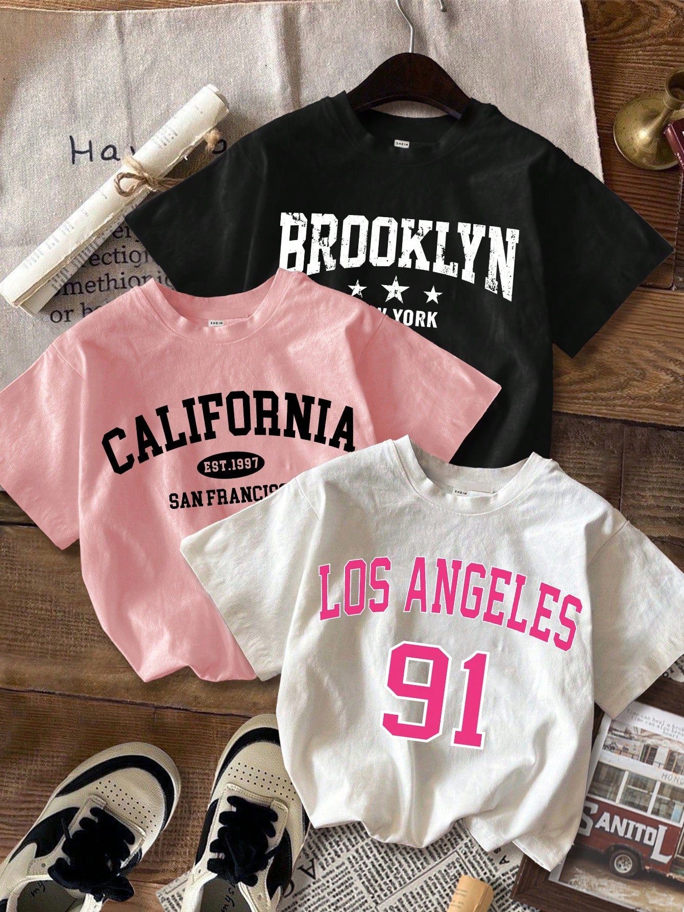 3pcs Casual & Simple Cartoon Letter Printed T-Shirt Set For Tween Girls, Summer