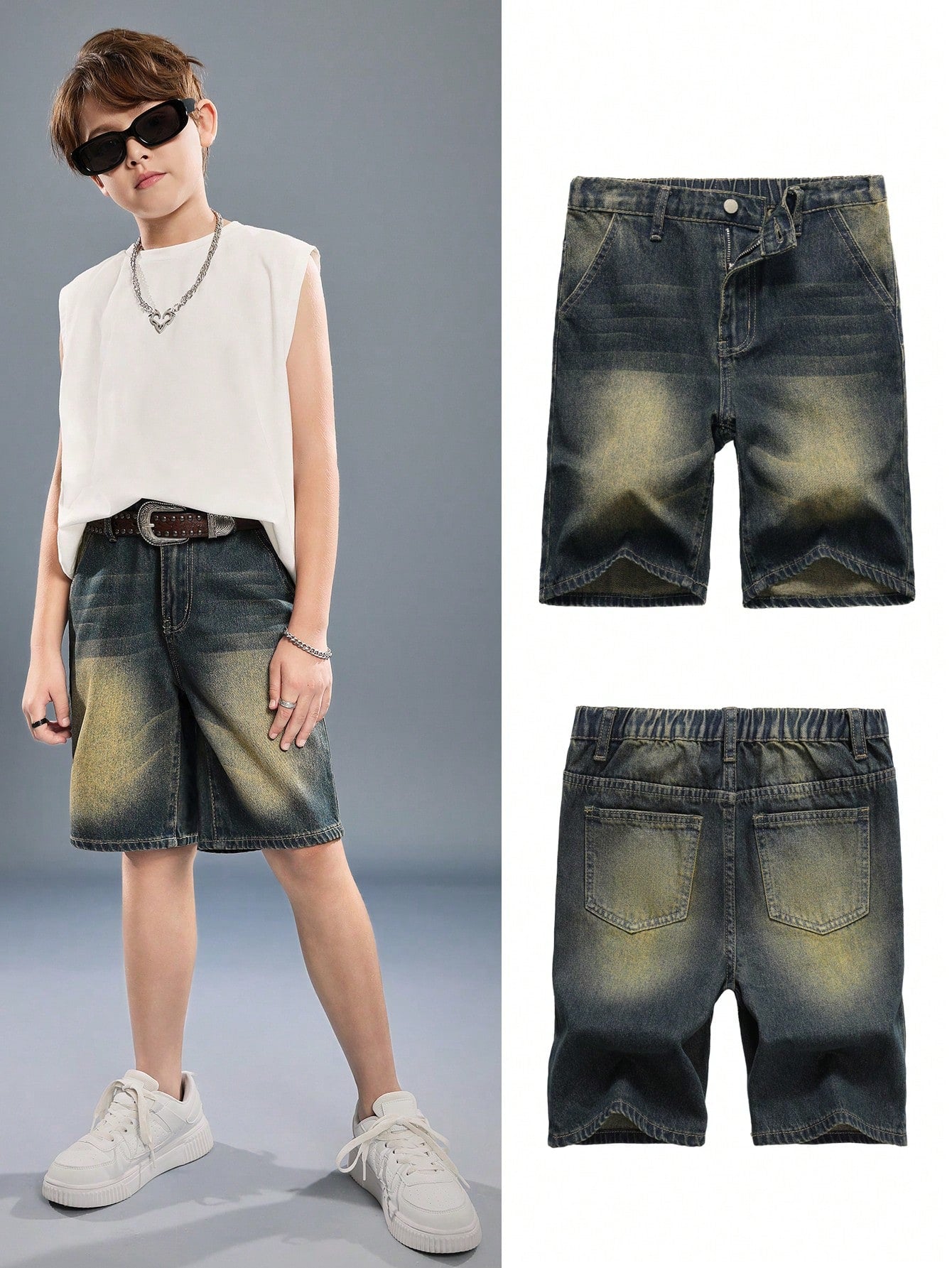 Tween Boys' Stylish Distressed Washed Loose Straight Legs Blue Denim Shorts,For Summer Outfits