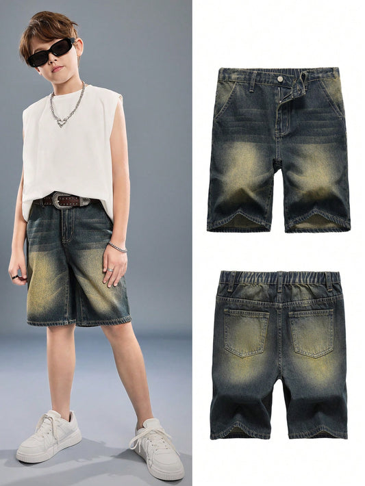 Tween Boys' Stylish Distressed Washed Loose Straight Legs Blue Denim Shorts,For Summer Outfits