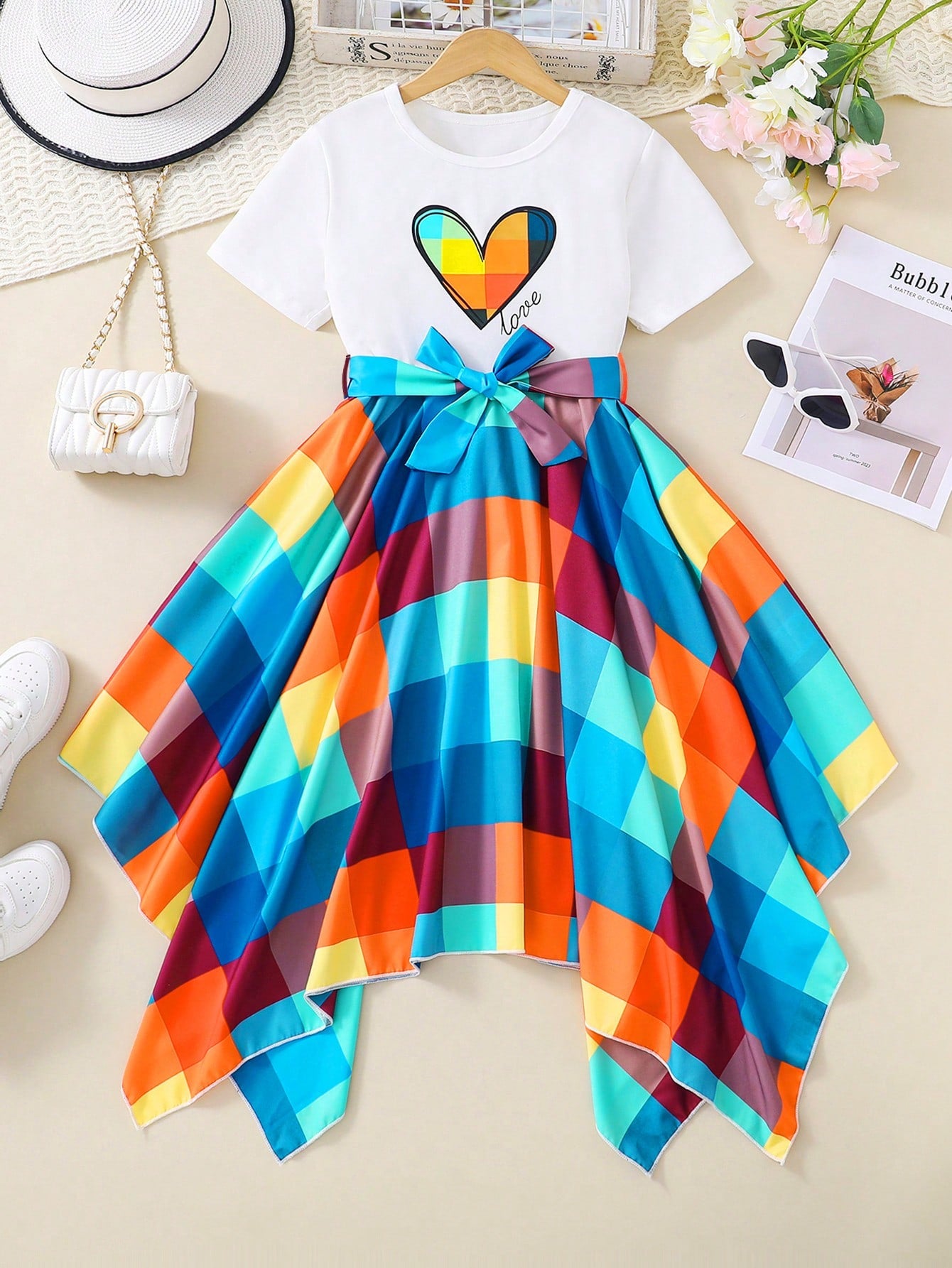 Tween Girl Heart Printed Patchwork Plaid Asymmetrical Hem Short Sleeve Summer Dress