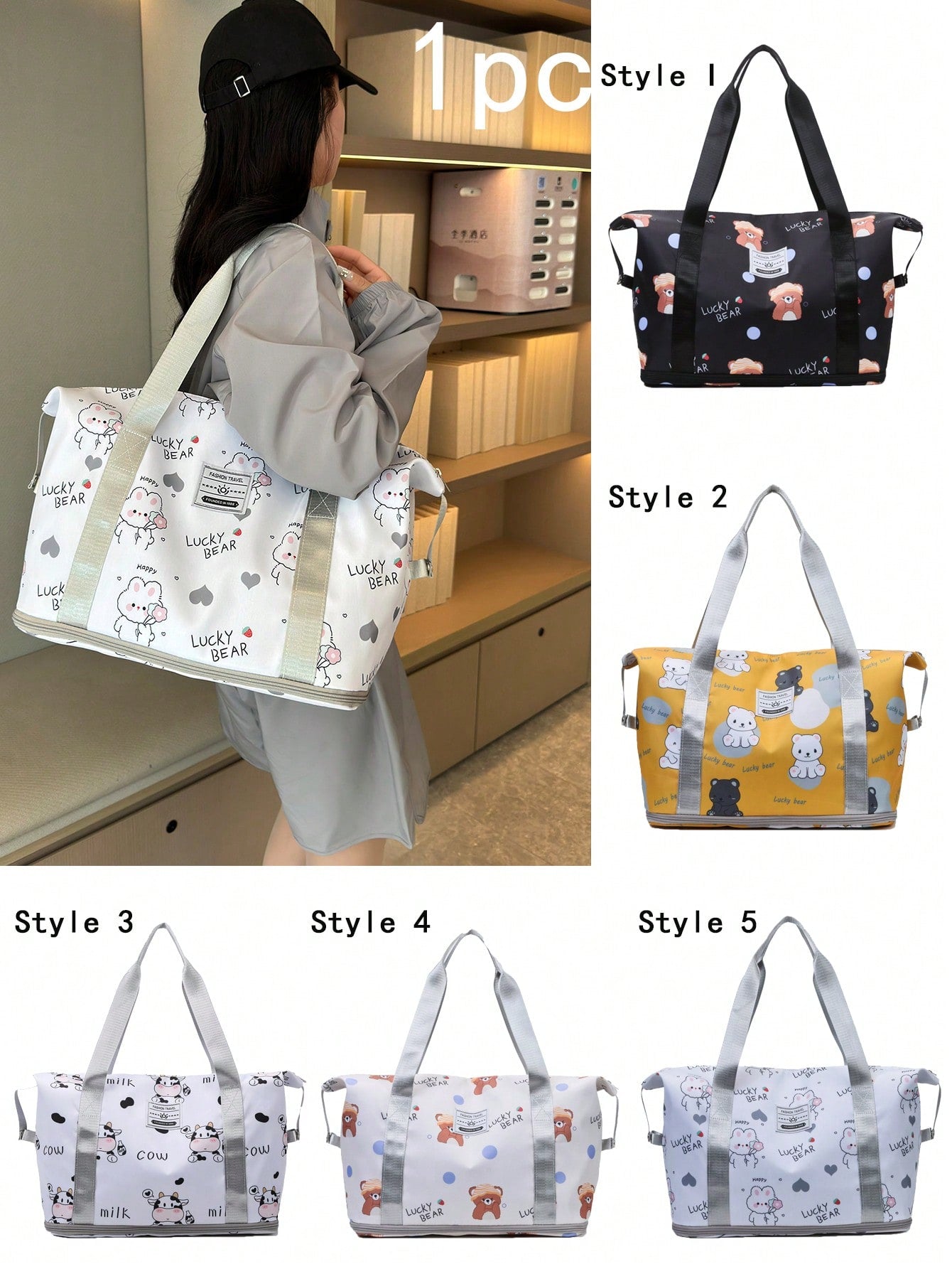 1pc Girls' Oxford Cloth Zipper Closure Fashionable Cartoon Printed Shoulder Travel Bag, Versatile Leisure Duffel Bag With Separated Compartments For Wet And Dry Items, Suitable For Traveling