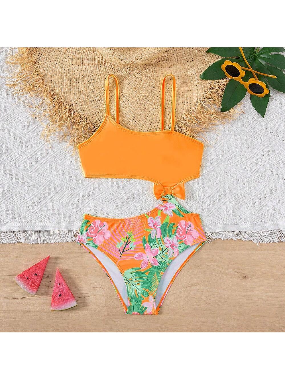 Tween Girl's Cute Tropical Plant Printed Halterneck Cutout One Piece Swimsuit