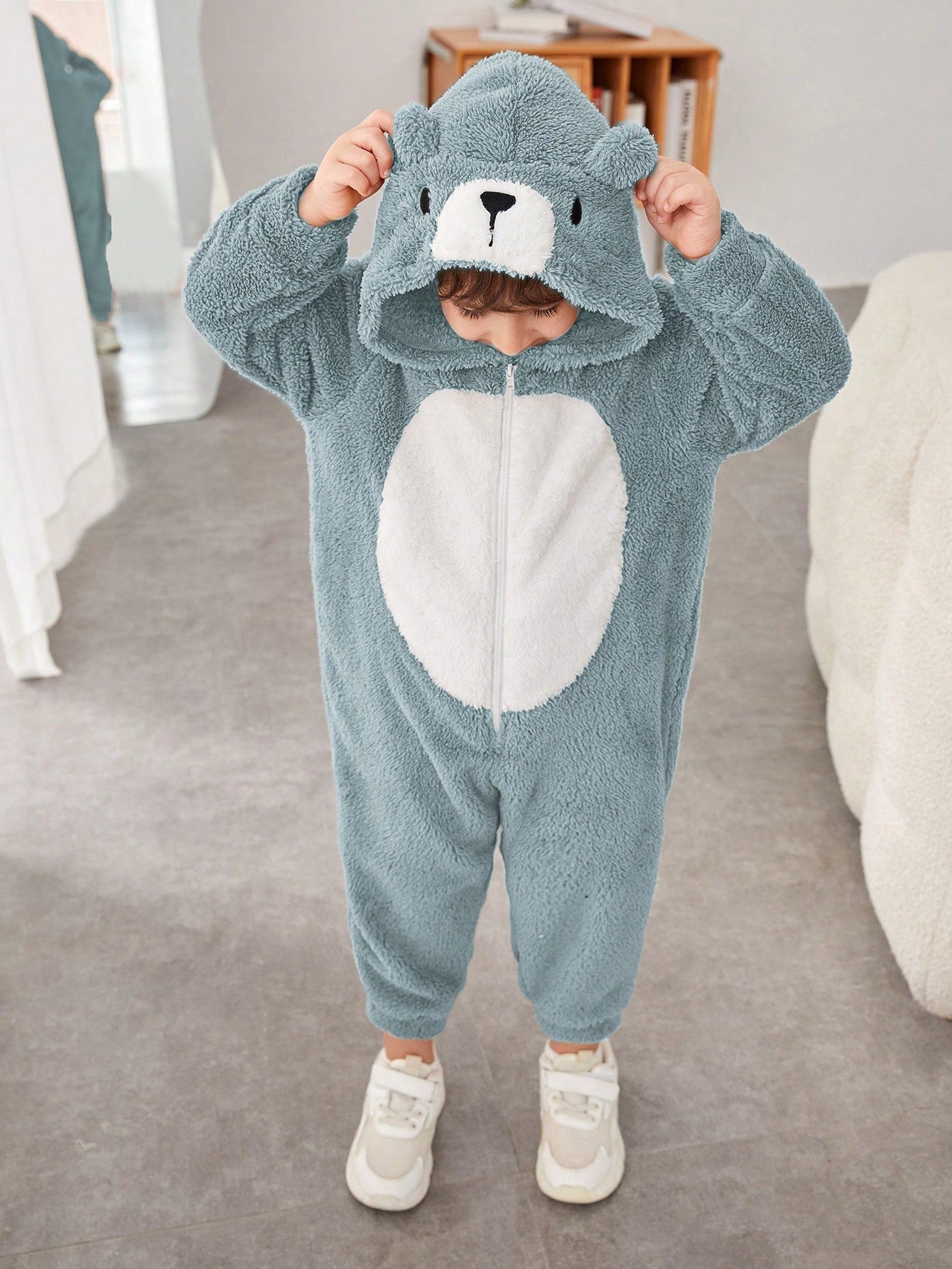 Cute Loose Comfortable Embroidered 3D Animal Design Fleece Jumpsuit For Young Boys