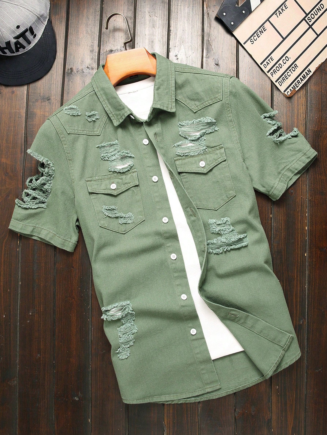 Men's Short Sleeve Ripped Denim Shirt