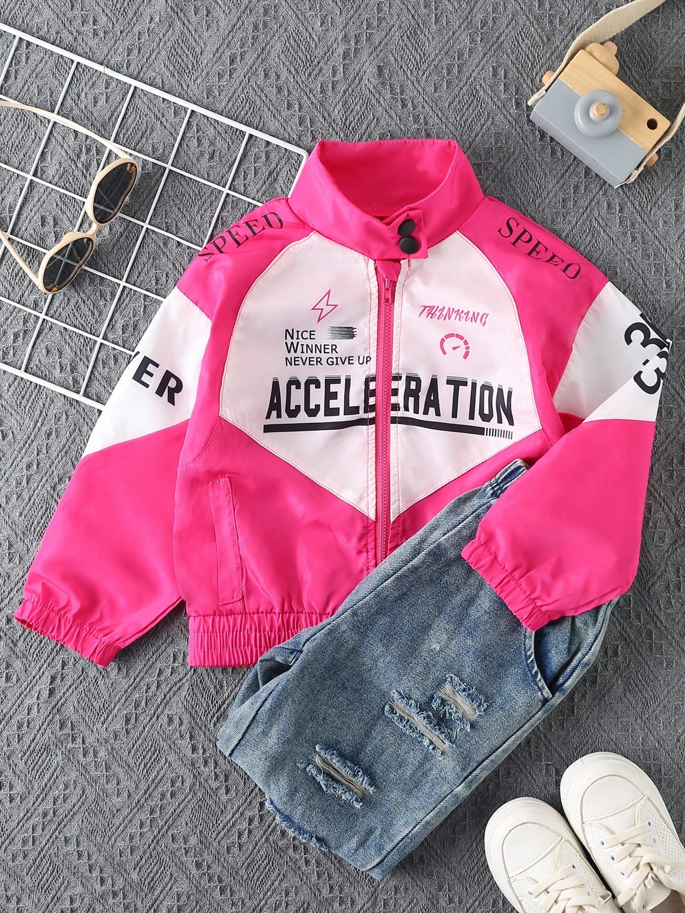 Little Girls' Street Style Cool & Sweet Motorcycle Jacket, Stand Collar Loose Fit Drop-Shoulder Long Sleeve Contrast Color Design Korean Version Letter Printed Toddler Jacket Suitable For Autumn Outdoor & Daily Wear