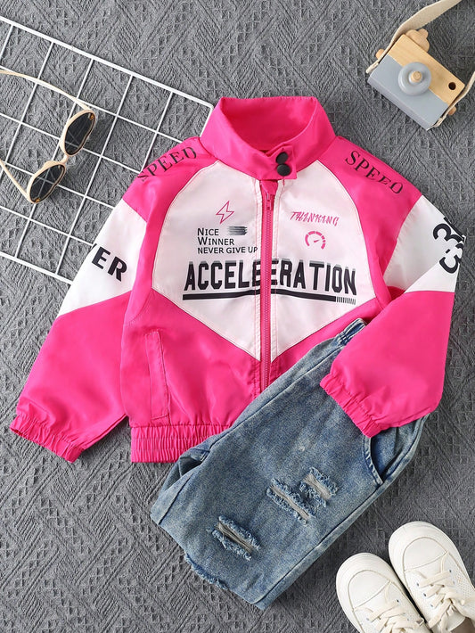 Little Girls' Street Style Cool & Sweet Motorcycle Jacket, Stand Collar Loose Fit Drop-Shoulder Long Sleeve Contrast Color Design Korean Version Letter Printed Toddler Jacket Suitable For Autumn Outdoor & Daily Wear