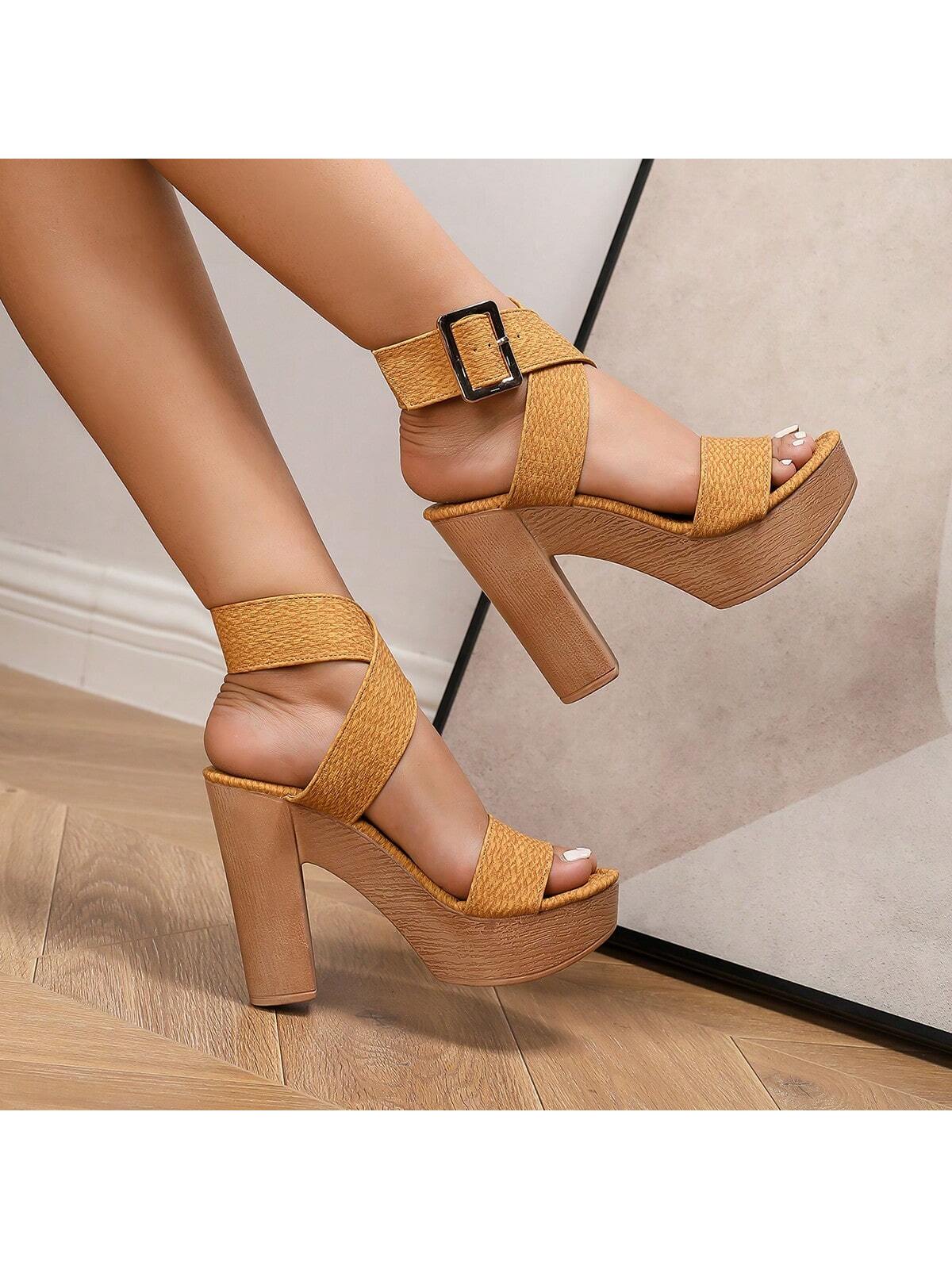 Fashionable Summer High Heel Water-Proof Platform Women's Sandals With Ankle Strap And Wood-Like Heel, Perfect For Nightclubs And Parties