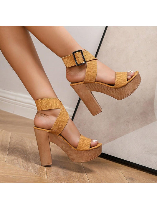 Summer Fashionable Ankle Strap Sandals With Chunky Heel, Platform And Faux Wood Design For Women, Perfect For Nightclub Parties