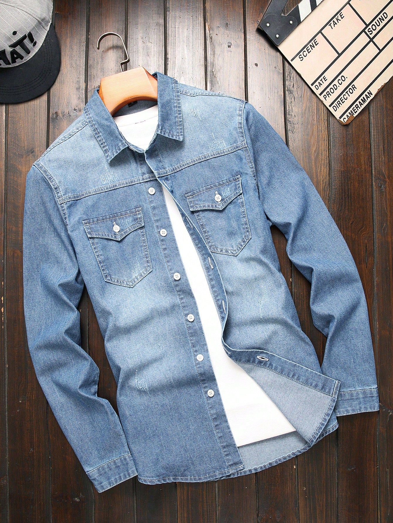 Men Cotton Flap Pocket Oversize Long Sleeve Button Up Plain Blue Denim Shirt Without Tee, For Going Out