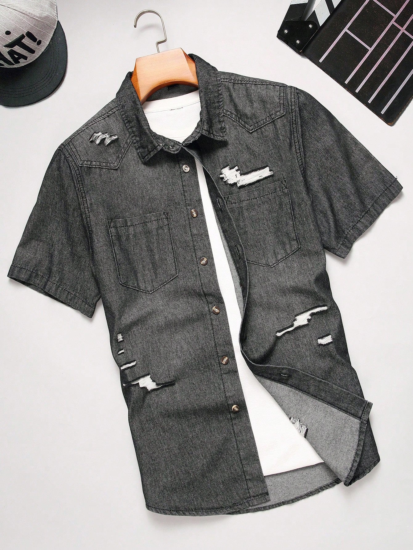 Men Ripped Denim Shirt Without Tee