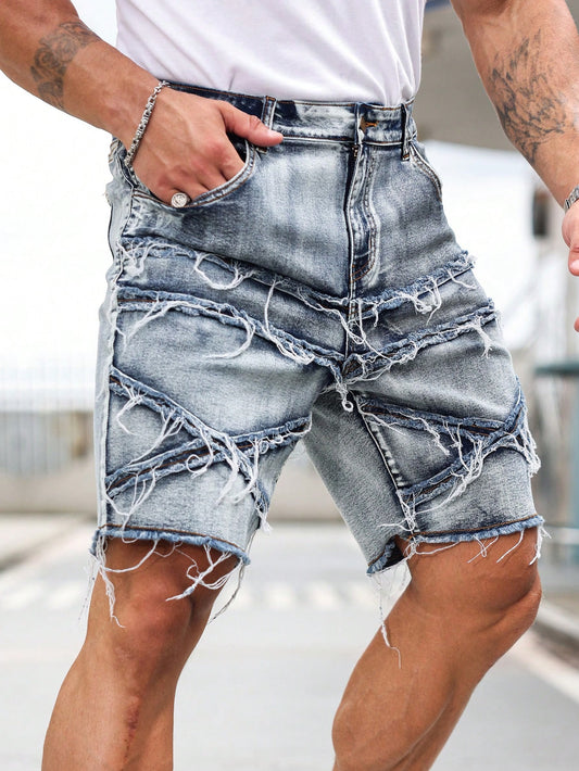 Men's Buttoned Shorts With Belt Loops, Pockets, Frayed Hem, And Larger Sizes Available