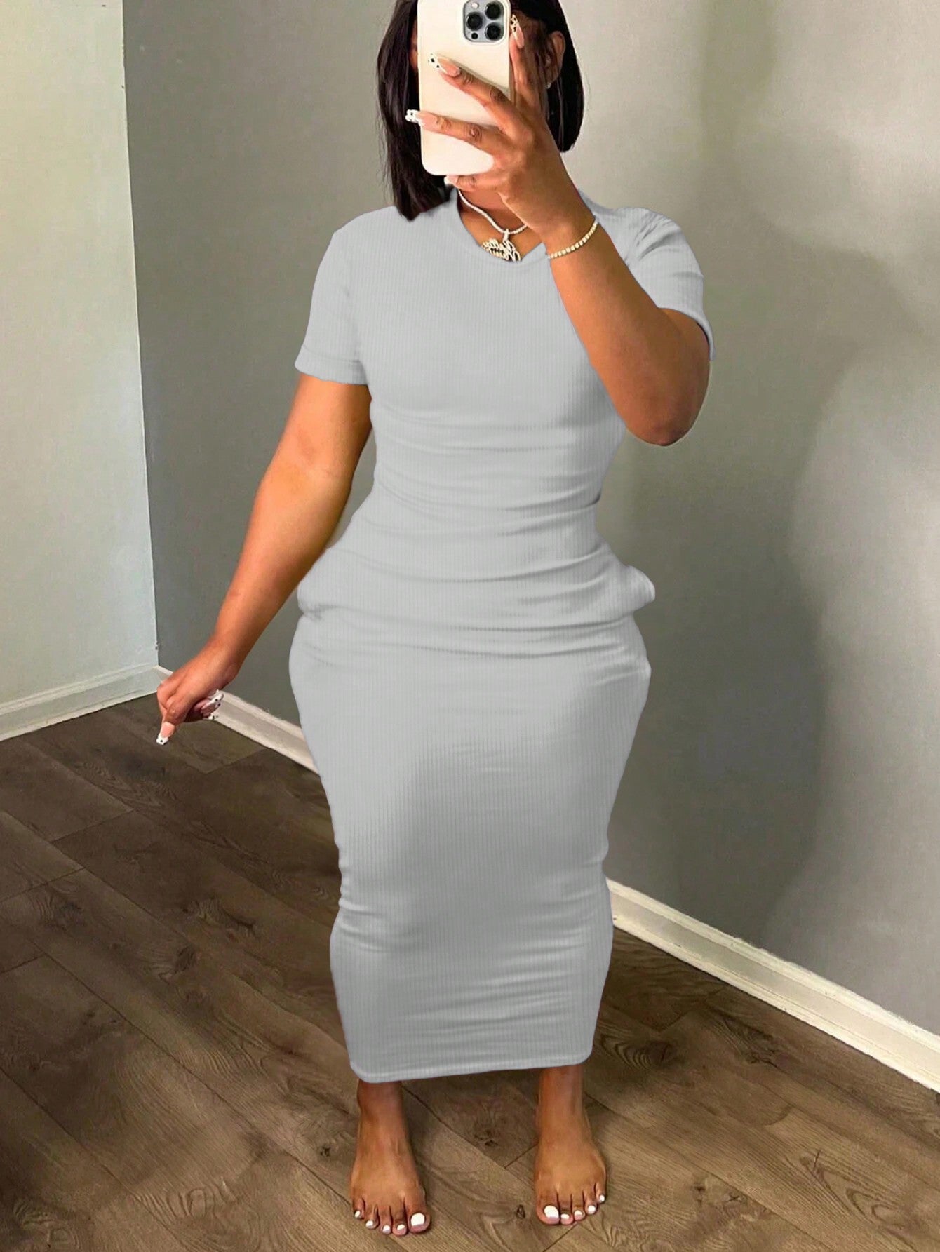 Plus Size Women's Solid Color Simple Daily Short Sleeve Dress, Ribbed Bodycon Long Dress