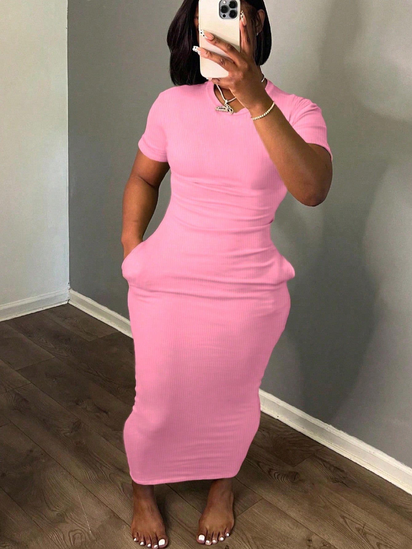 Plus Size Women's Solid Color Simple Daily Short Sleeve Dress, Ribbed Bodycon Long Dress