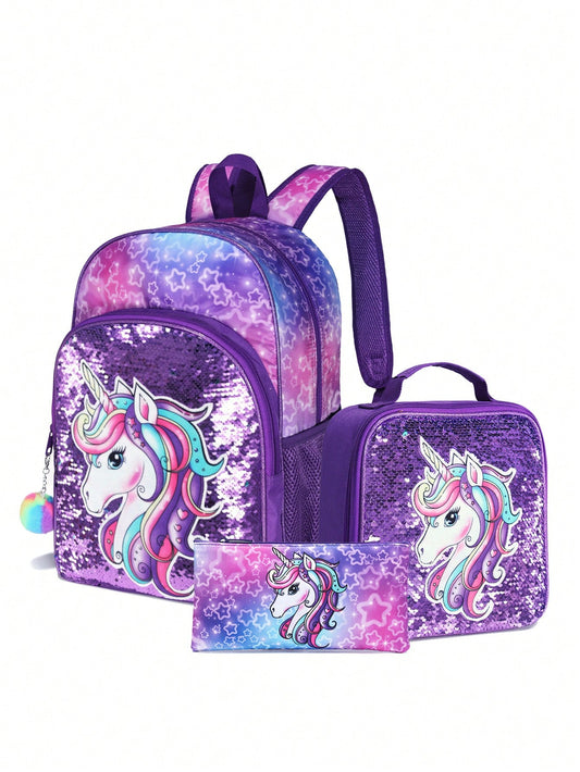 Children's Sequined Unicorn Backpack, 3PCS Mermaid Backpack For Girls 16 Inch  School Shoulder Bag ,Lunch Box,Pencil Case