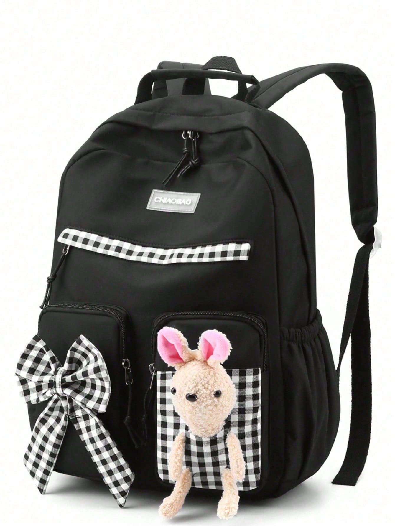 Girls Plaid Pattern Bow & Rabbit Decor Functional Backpack