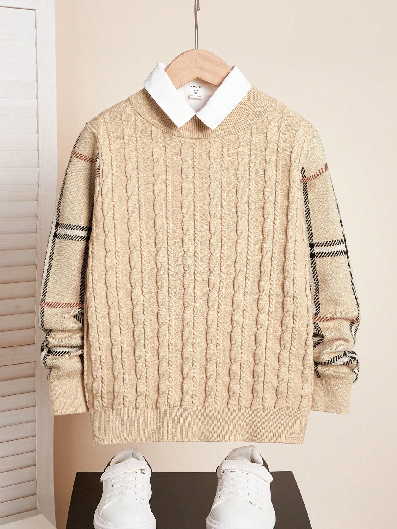 Kids Tween Boy Casual Long Sleeve Knit Sweater With Plaid/Clean Color Sleeves And Round Neck