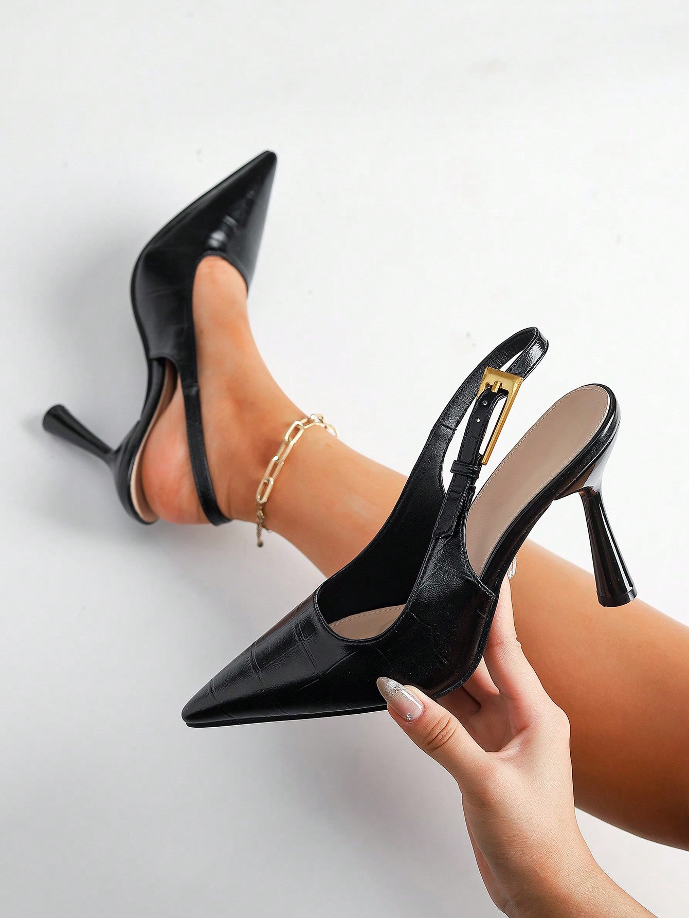 Women High Heel Pointed Toe Fashion Stone Embellishment Slingback Pumps