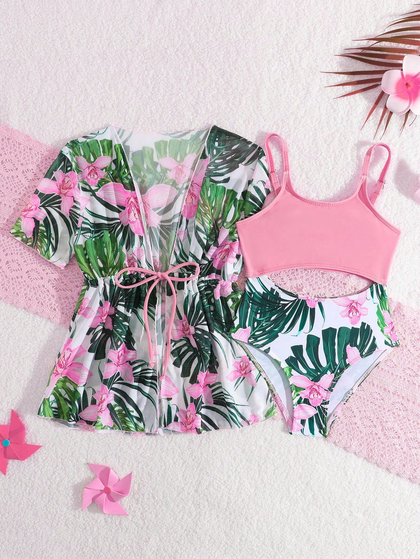 Young Girl Tropical Print Cut Out One Piece Swimsuit With Kimono