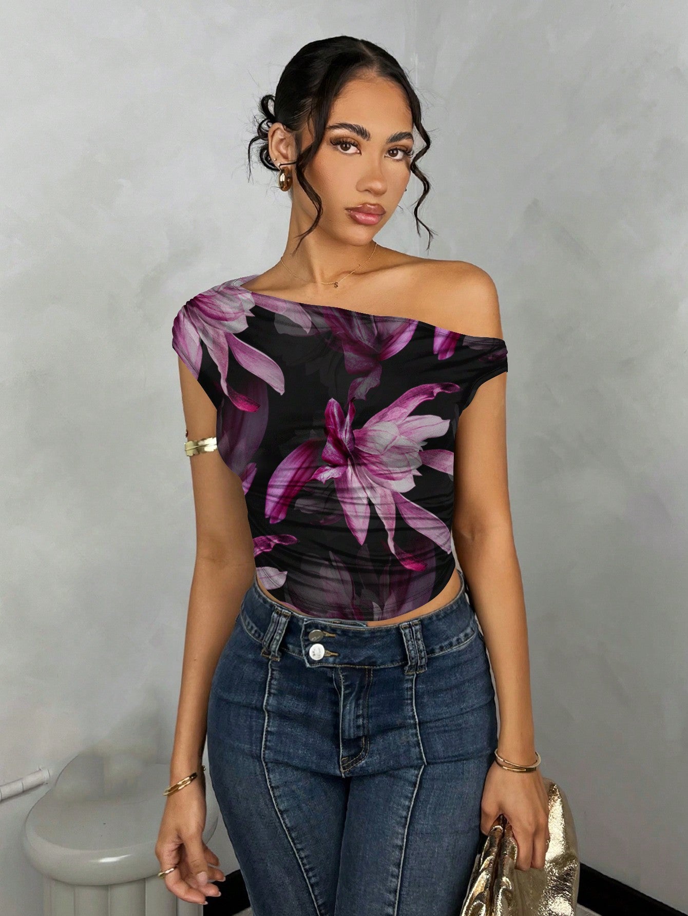 Women's Floral Printed Ruched Asymmetric Asymmetrical Neck Summer Top