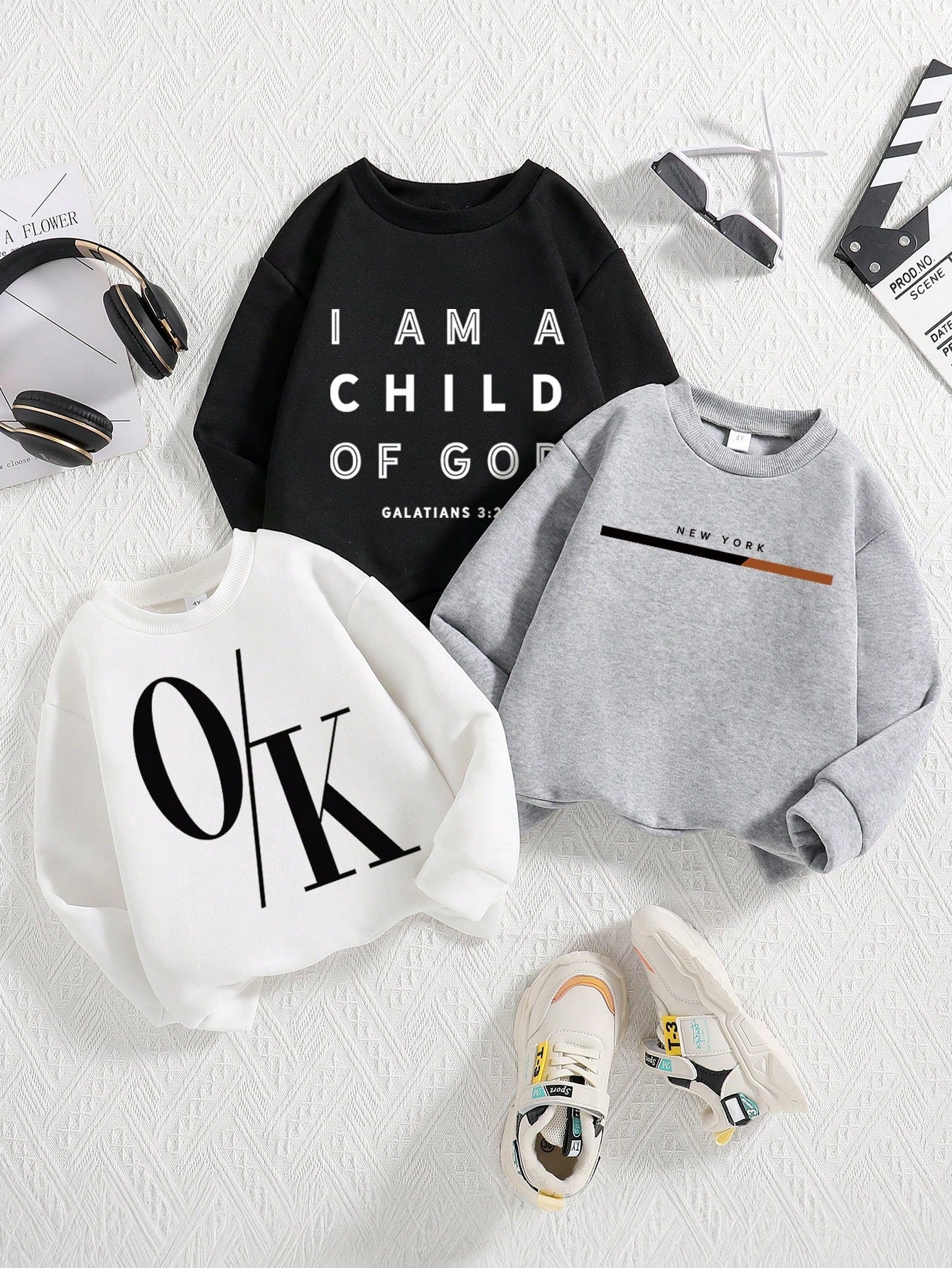 3pcs Toddler Kids' Letter Printed Warm Crewneck Sweatshirts Set