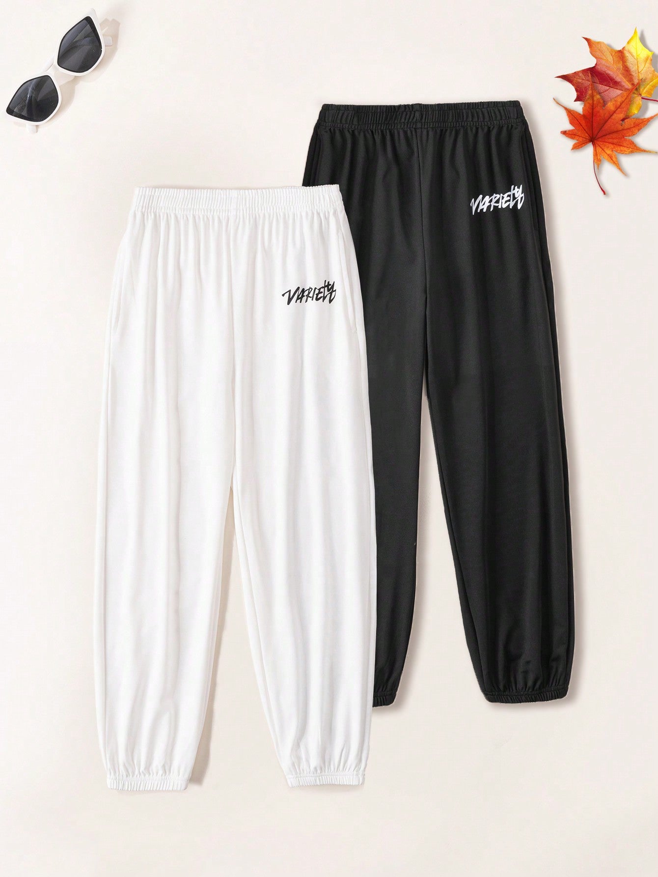 Young Boys' Black And White Letter Printed Casual Sports Comfortable Loose Pants, 2pcs