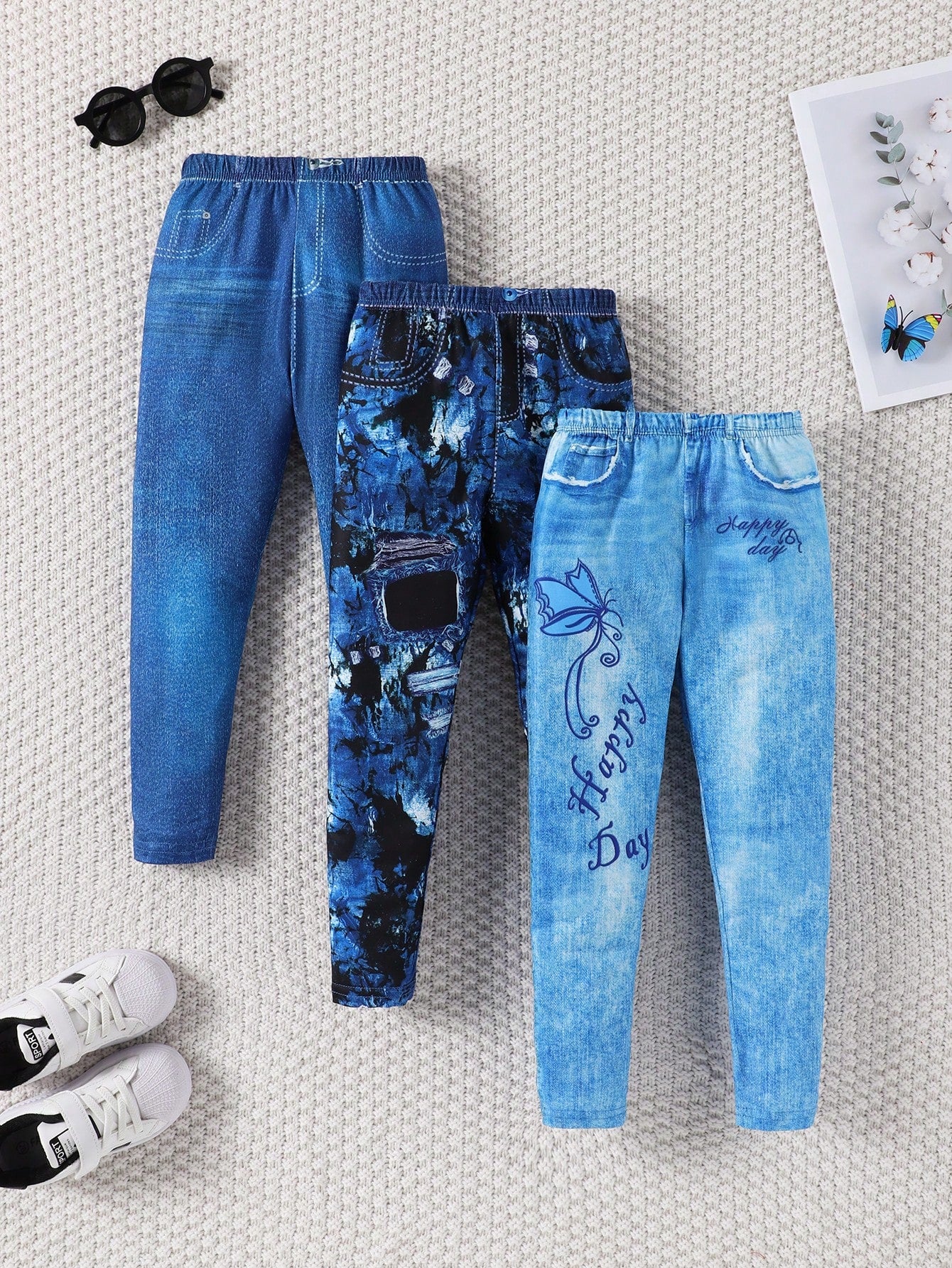 Fashionable Slim Fit Three-Piece Set For Girls, Denim Effect, Thin Fabric