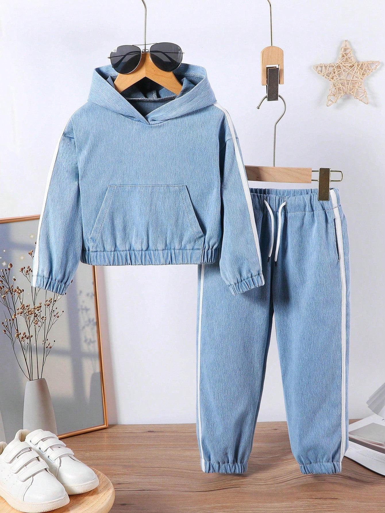 Girls' Youthful Sporty Loose Fit Comfortable Hooded Denim Sweatshirt And Pants Set, Casual