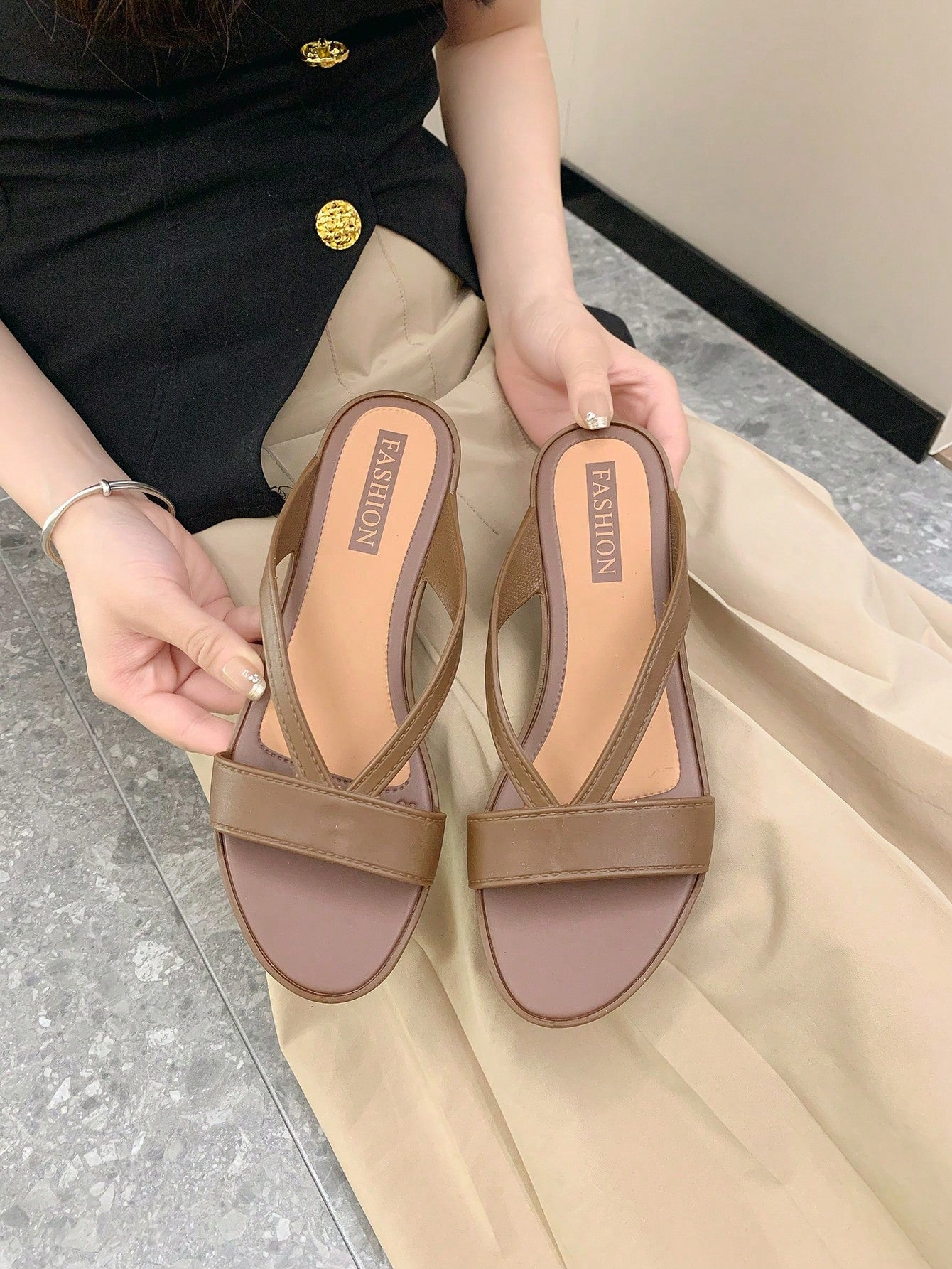 Fashion Green Sandals For Women, Minimalist Wedge Slide Sandals