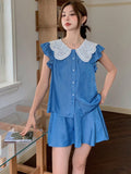 EastFlair Women's Casual Loose Fit Korean Style Short Sleeves Color Block Top And Shorts Set