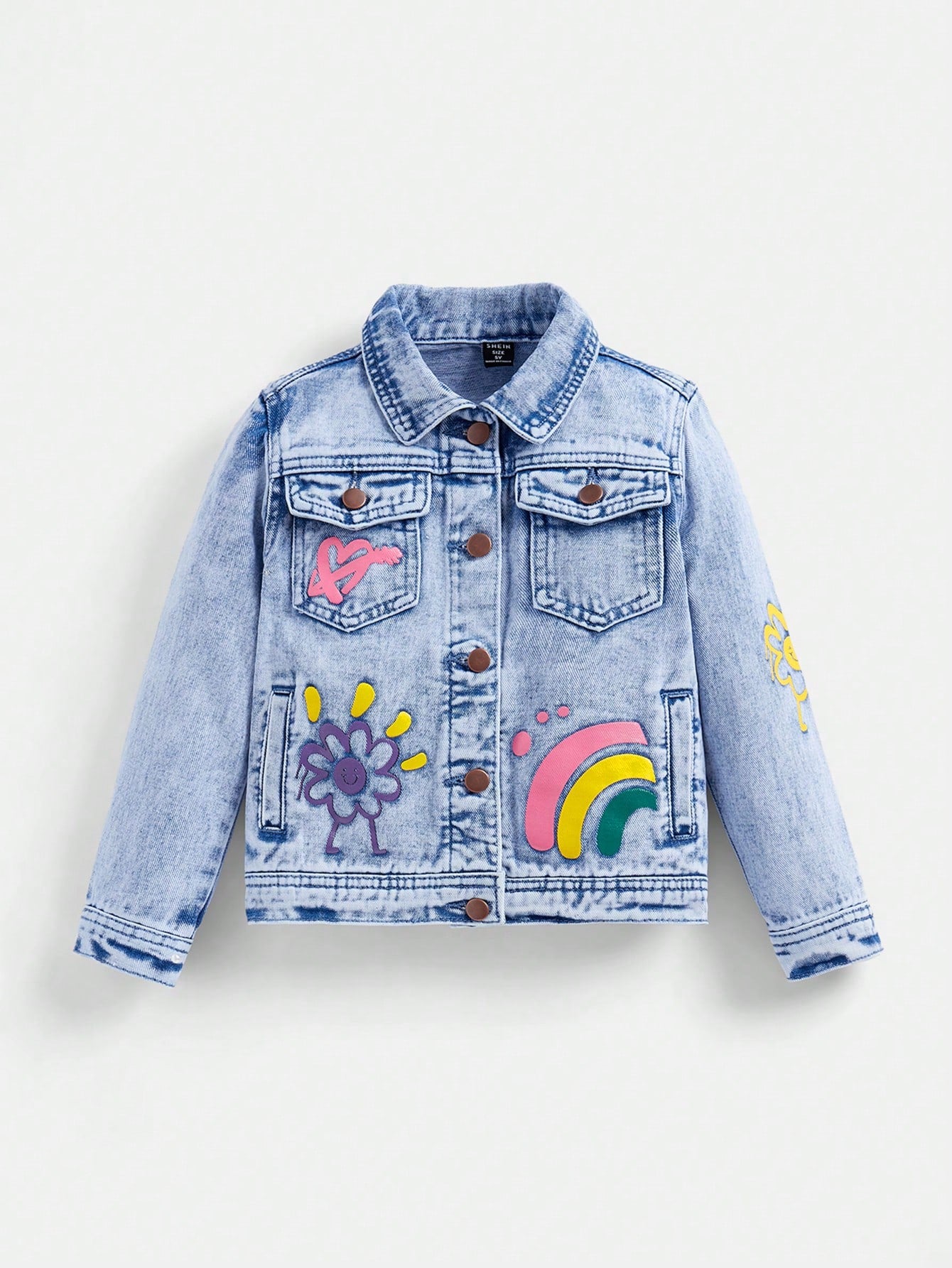 Young Girl Rainbow Printed Button-Up Denim Jacket With Long Sleeve