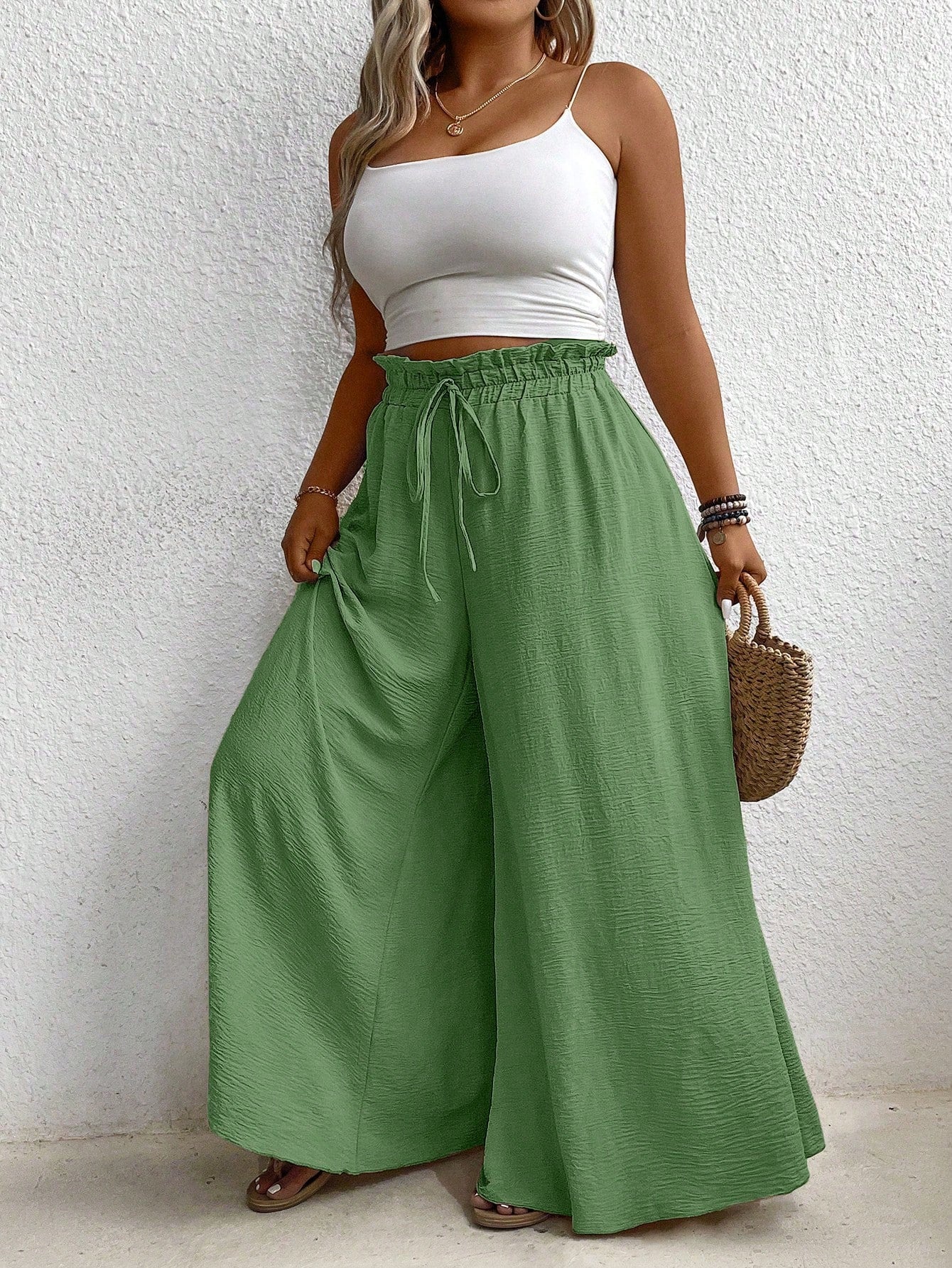 Plus Size Elastic Waist Belted Loose Textured Wide-Leg Pants