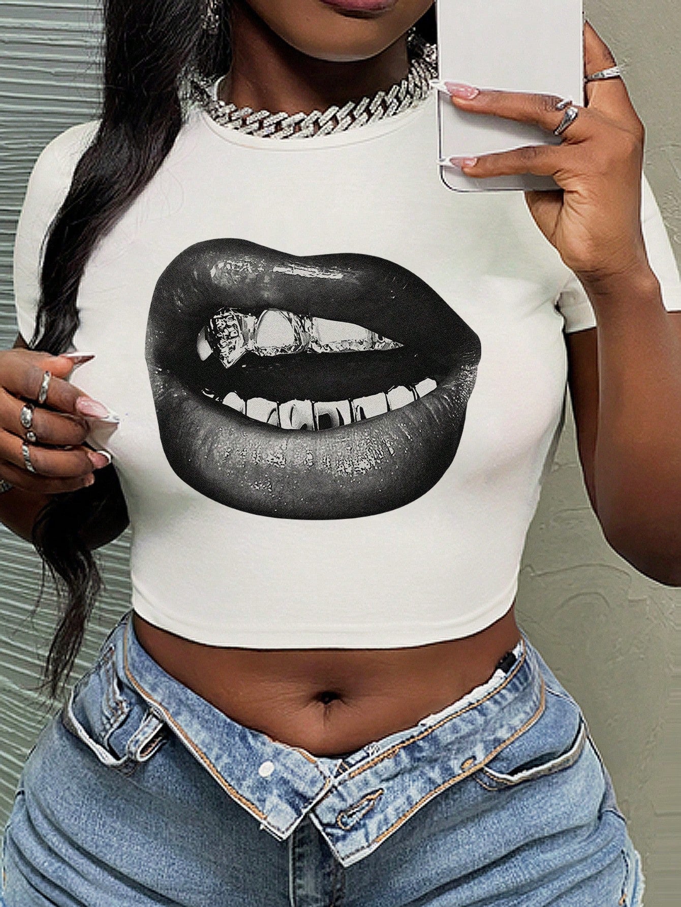 Casual Lips Pattern Round Neck Slim Fit Short T-Shirt For Women, Summer