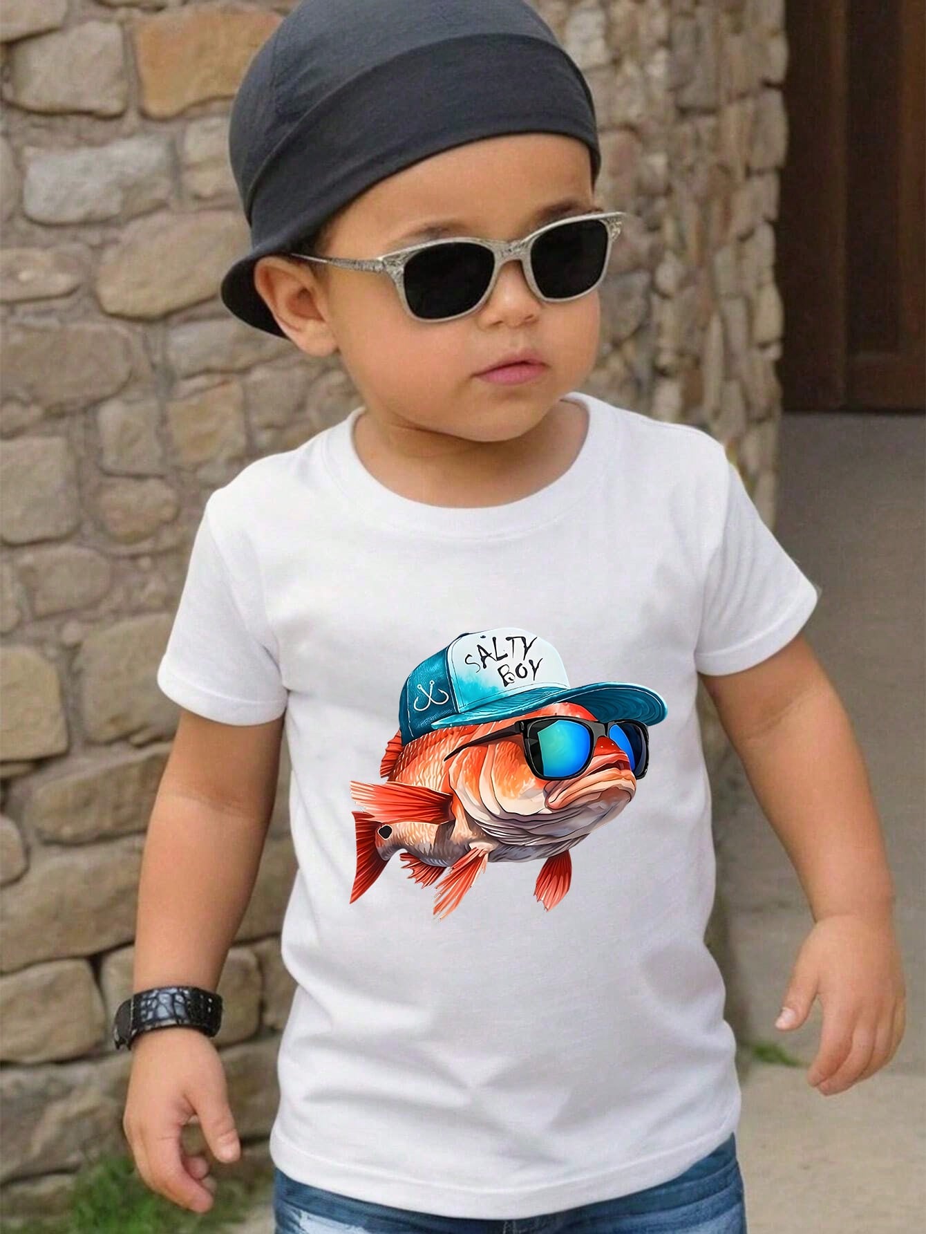 若い男の子カジュアルかわいい漫画サングラス魚柄ラウンドネック半袖Tシャツ