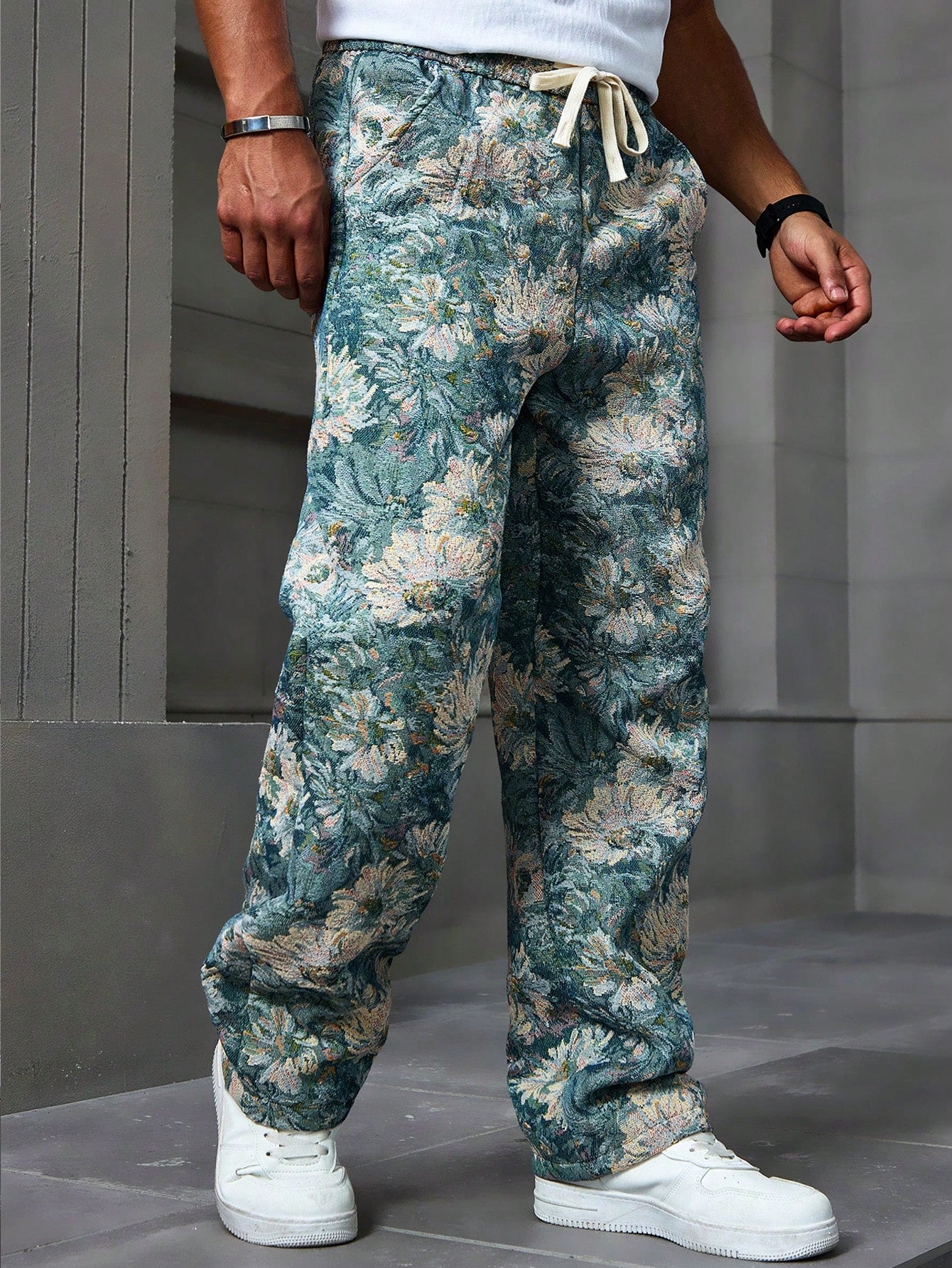 Men's Casual Holiday Fashion Artistic Impressionist Thick Textured Embossed Multicolor Blue Camouflage Floral Long Pants ,Camo Pants ,Baggy Pants