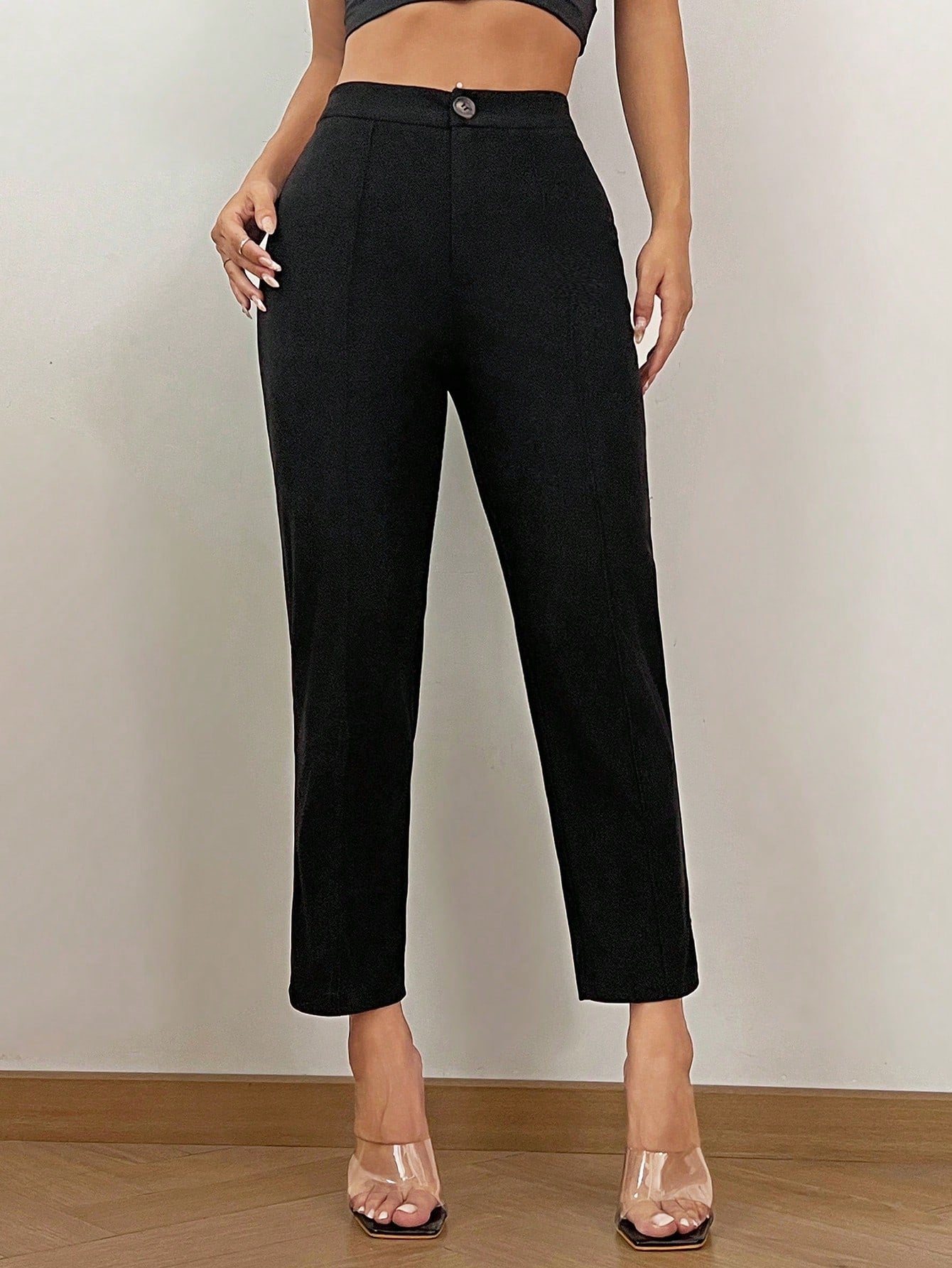 High Waist Press Crease Tapered Black Summer Pants