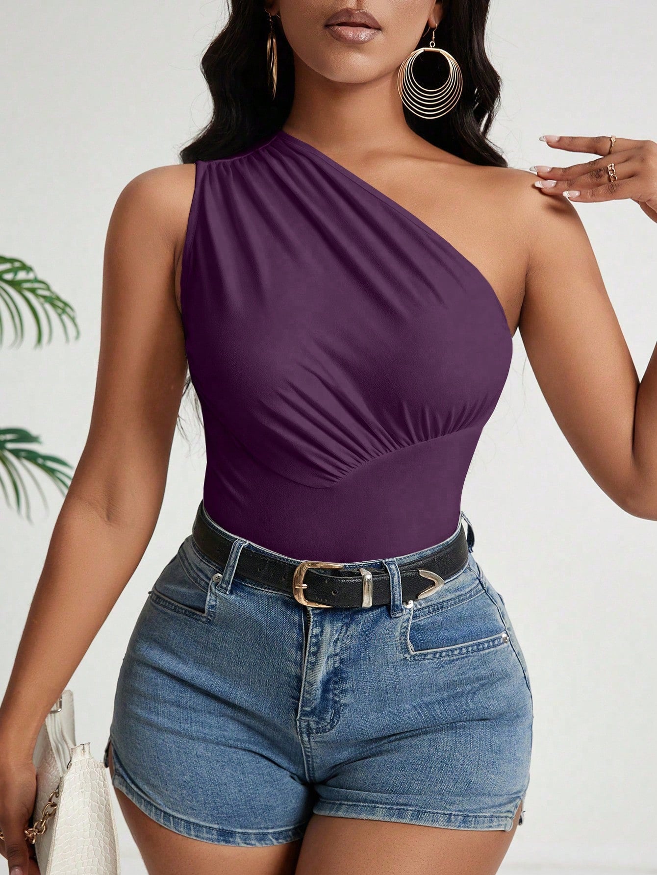 Solid Color Pleated One Shoulder Fitted Summer Top