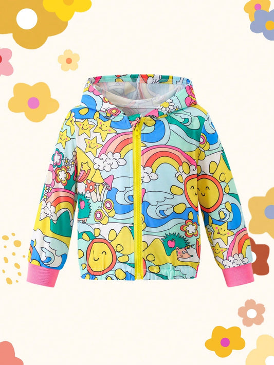 Girls' Colorful Pattern Sun Rainbow Animal Print Jacket, Casual And Fashionable