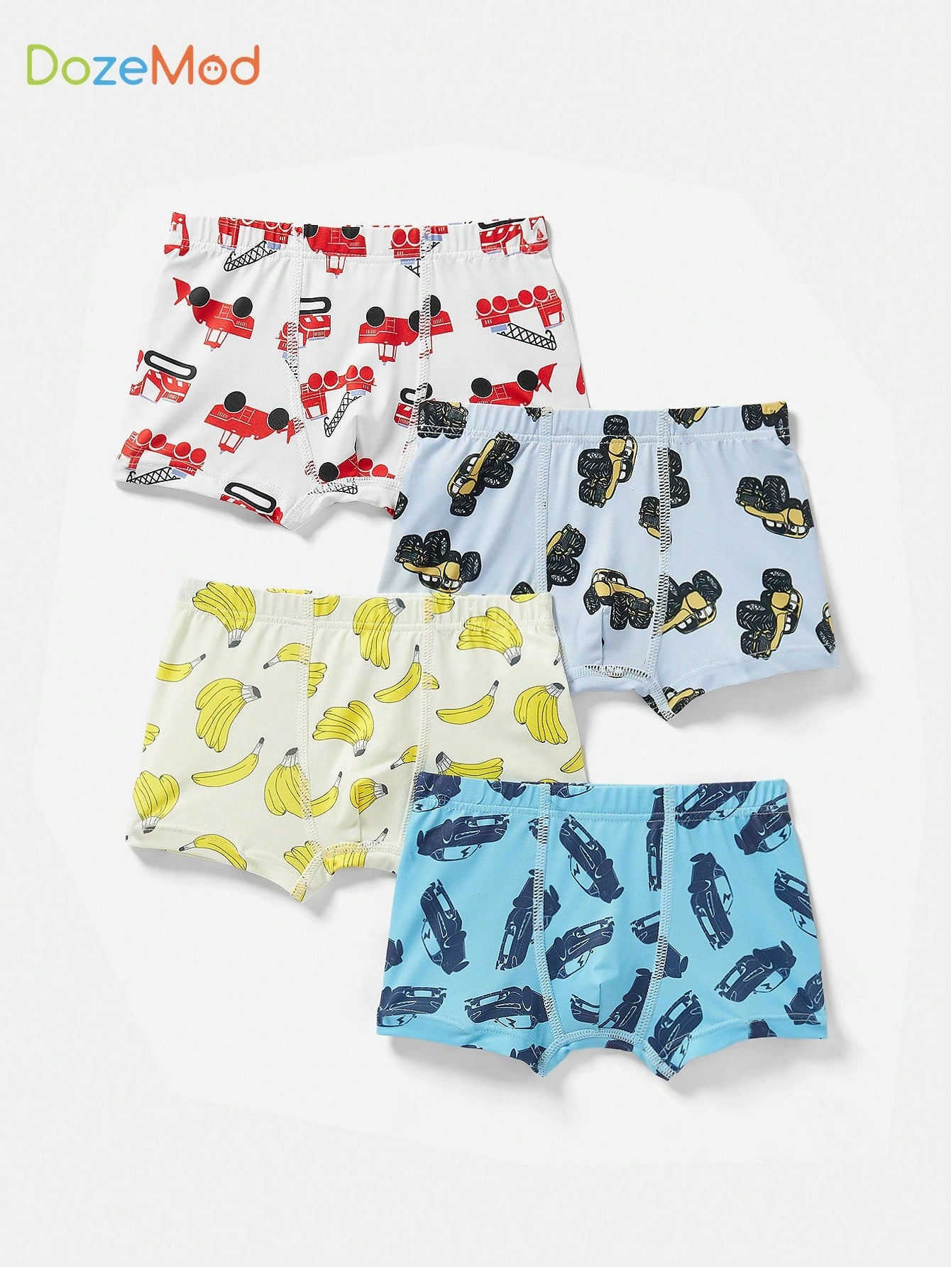 4pcs Young Boys' Cartoon Car & Banana Pattern Knit Comfortable Breathable Boxer Briefs With Elastic Waistband