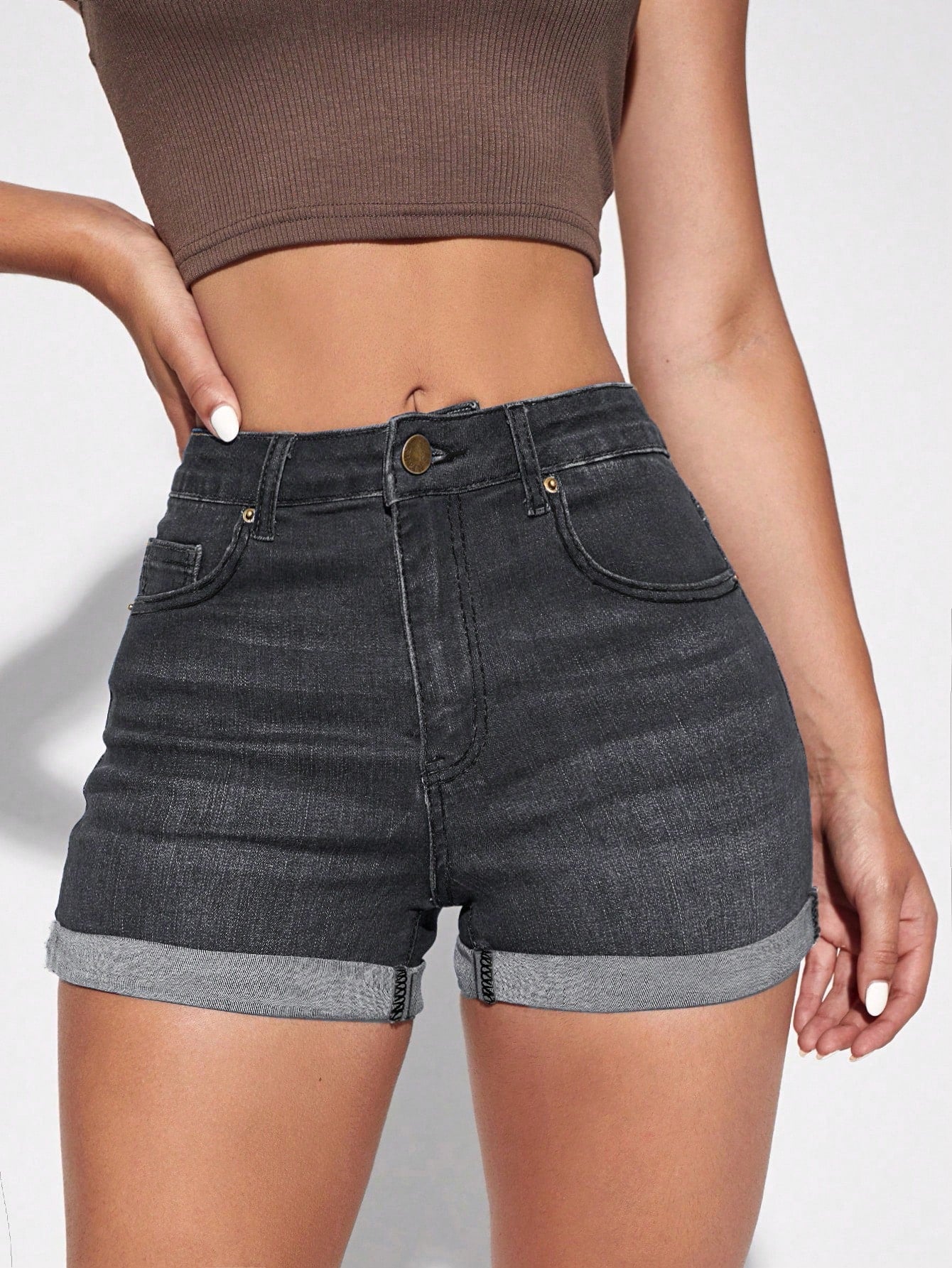 Zipper Fly Cuffed Hem Denim Shorts