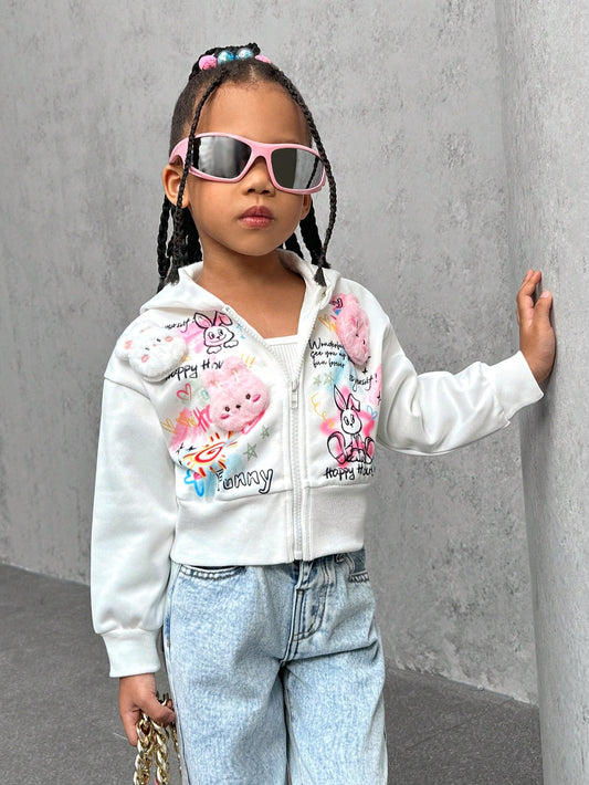 Streecool Kids Toddler Girls Cute Graffiti Printed White Jacket, Featuring Vibrant Colorful Graffiti Patterns Depicting Adorable Images Like Little Animals, Stars, Hearts, Delivering A Whimsical And Imaginative Design. Lifelike 3D Rabbit Decorations Add P