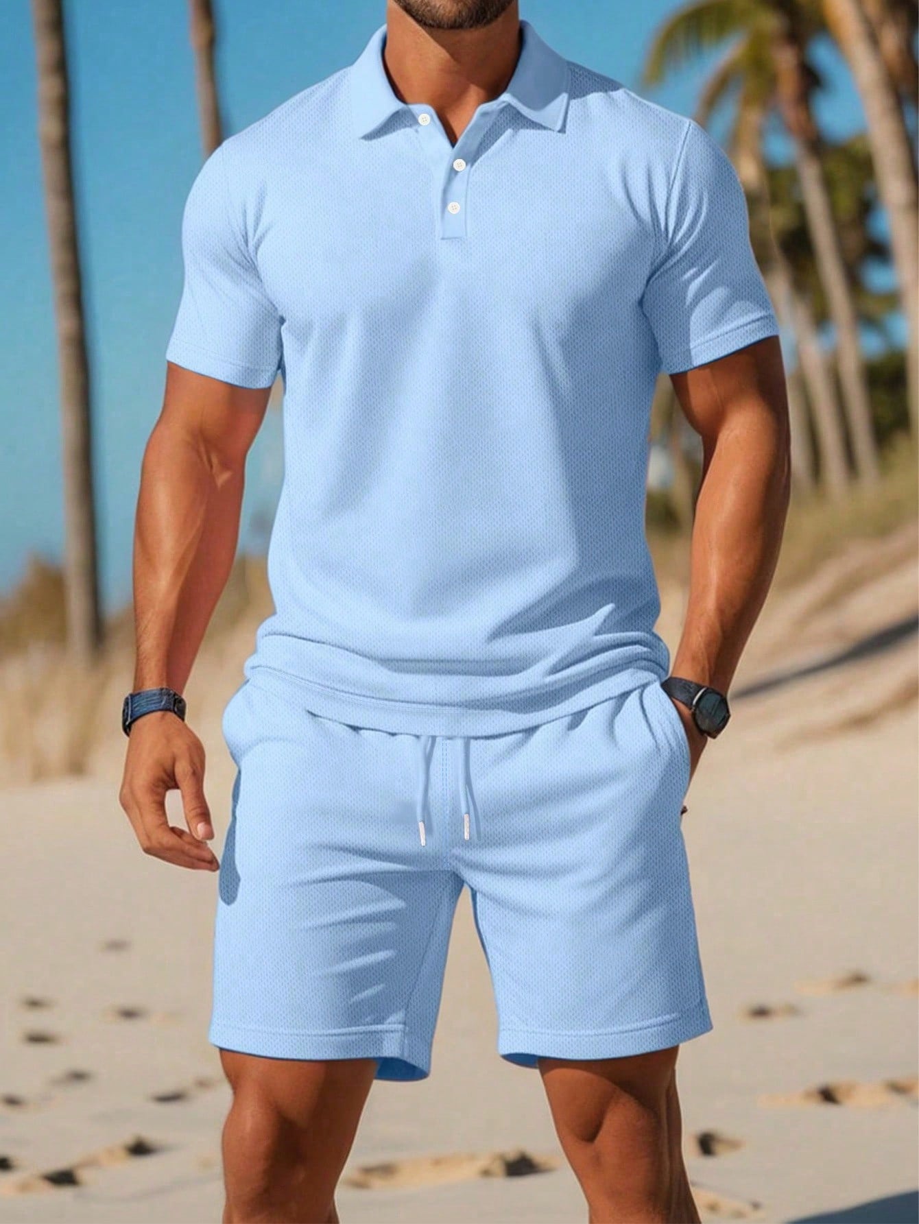 Men's Solid Color Short Sleeve Polo Shirt And Drawstring Shorts Summer Casual Outfit