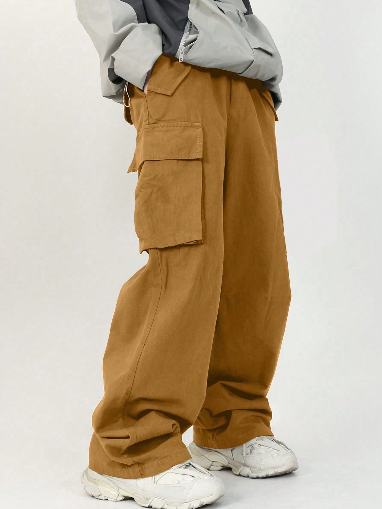 Tween Boy Vacation College Style Relaxed Fit Plain Cargo Pants With Slanted Pockets, Straight Leg