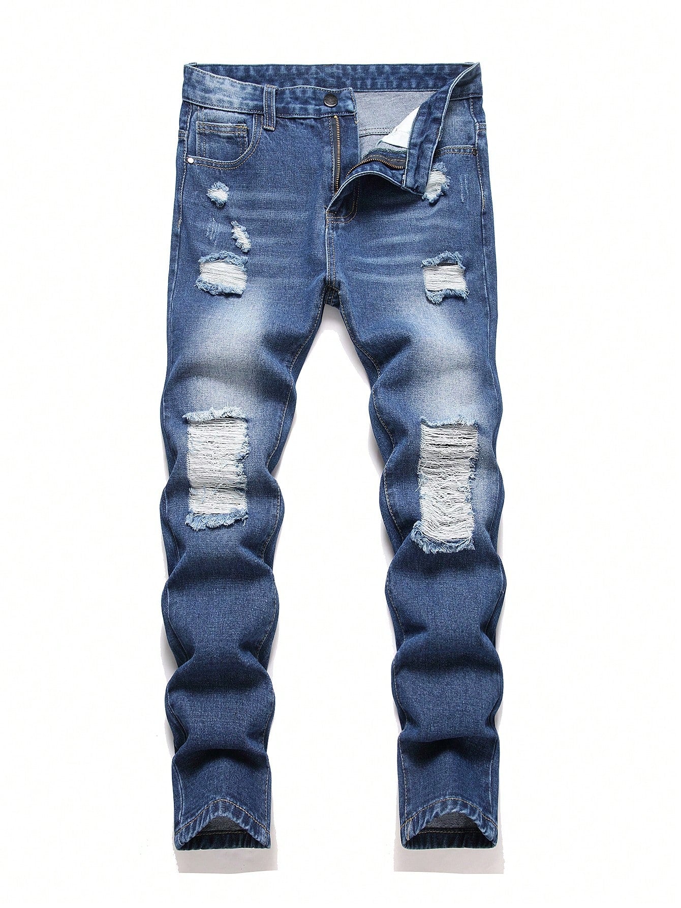 Teen Boy's Dark Blue Distressed Slim Straight Leg Jeans