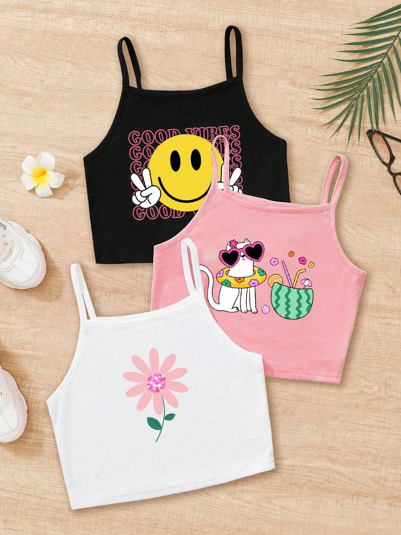 Young Girl Cute Rainbow & Floral Print Cartoon Tank Tops 3-Piece Set (Black, White And Purple), Casual And Simple, Suitable For Summer